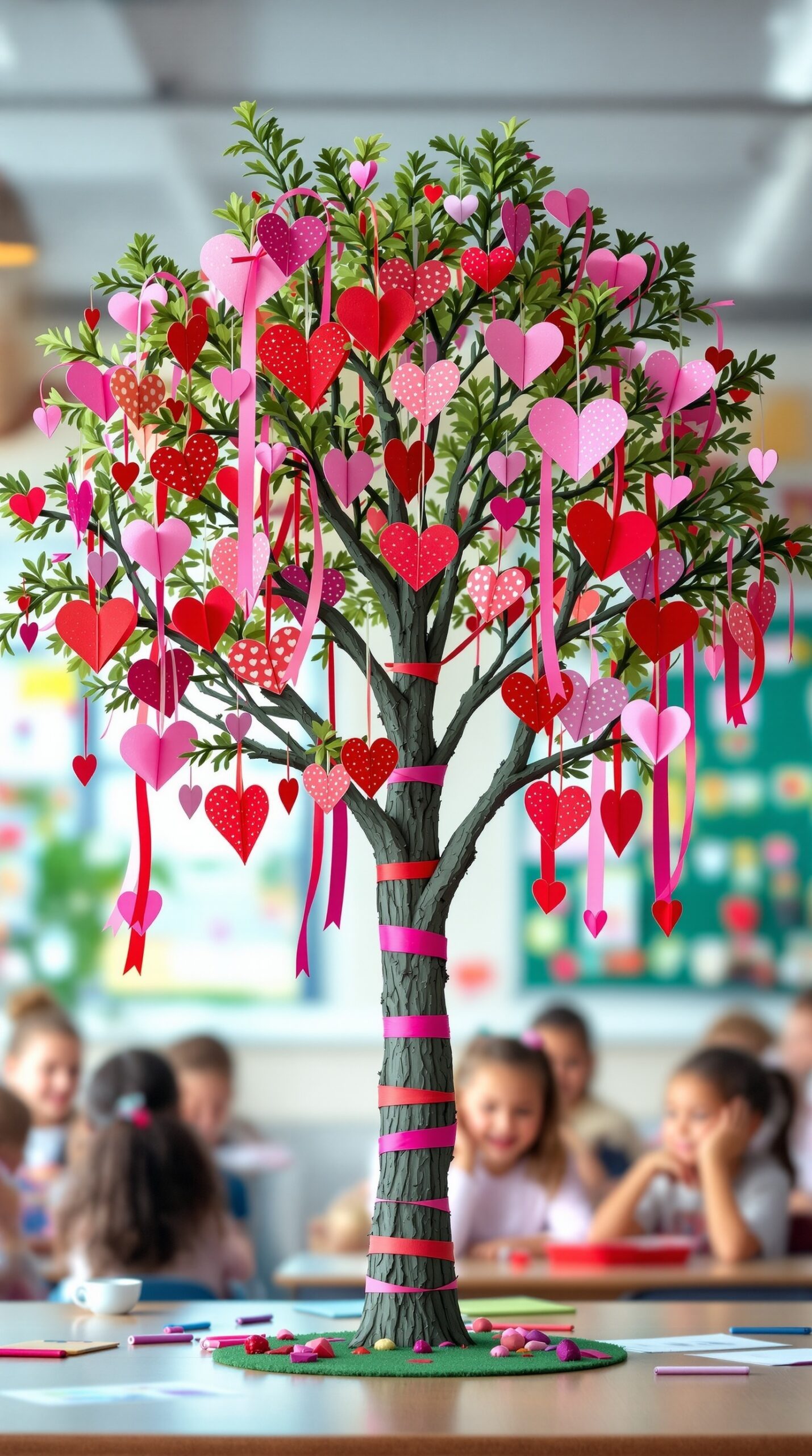 A classroom Valentine tree decorated with colorful heart ornaments and ribbons, with children in the background.