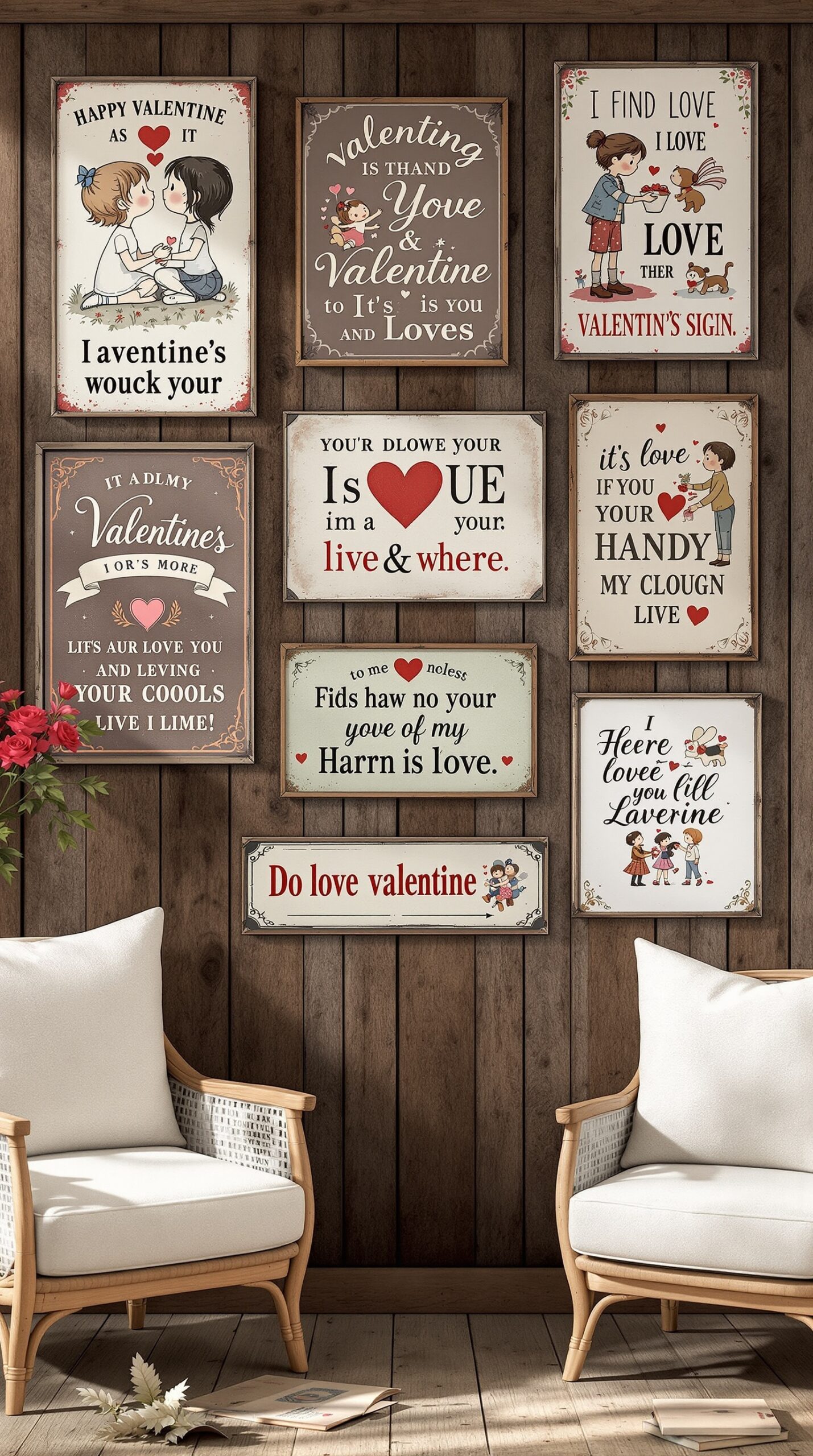 A collection of vintage Valentine signs displayed on a wooden wall, featuring playful love messages and illustrations.