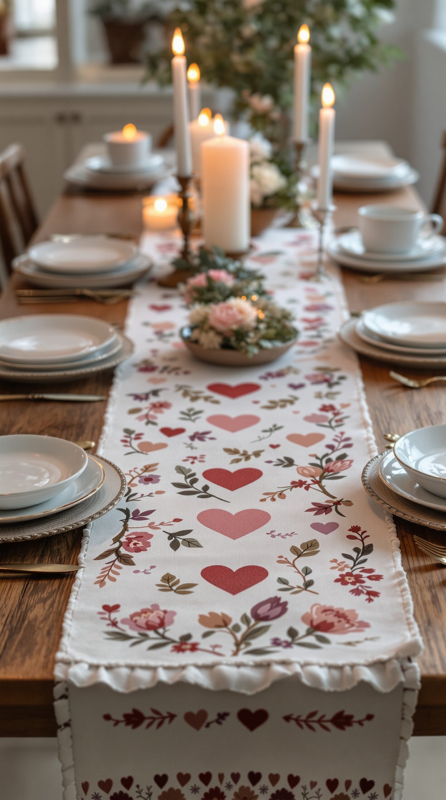 A rustic table runner with hearts and floral designs on a wooden dining table, set for Valentine's Day.
