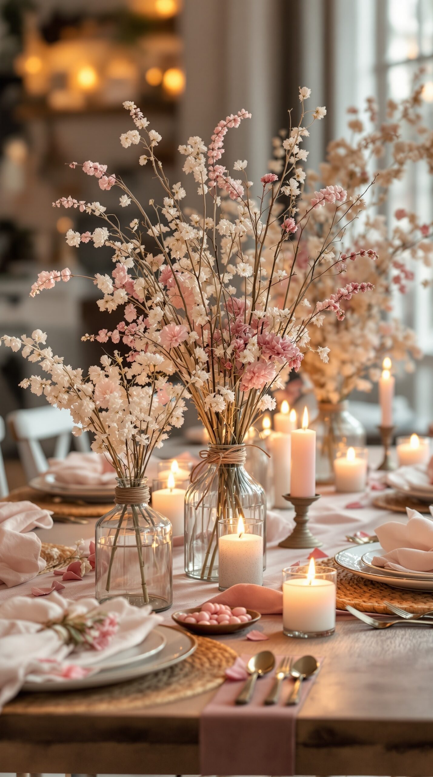 A beautifully set table with dried flower arrangements, candles, and soft pink decor for Valentine's Day.