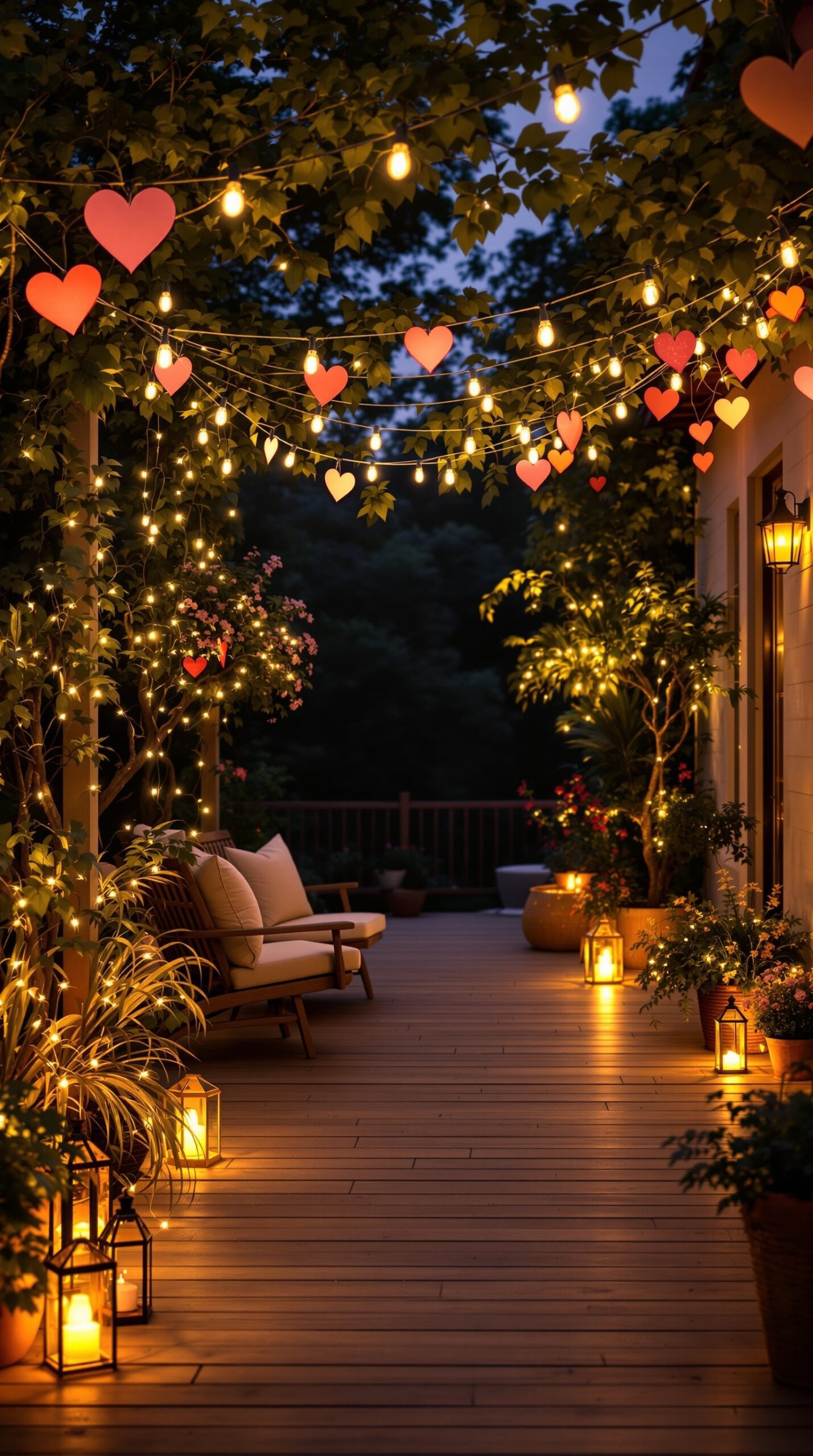 A beautifully decorated outdoor space for Valentine's Day with heart-shaped decorations and warm lights.