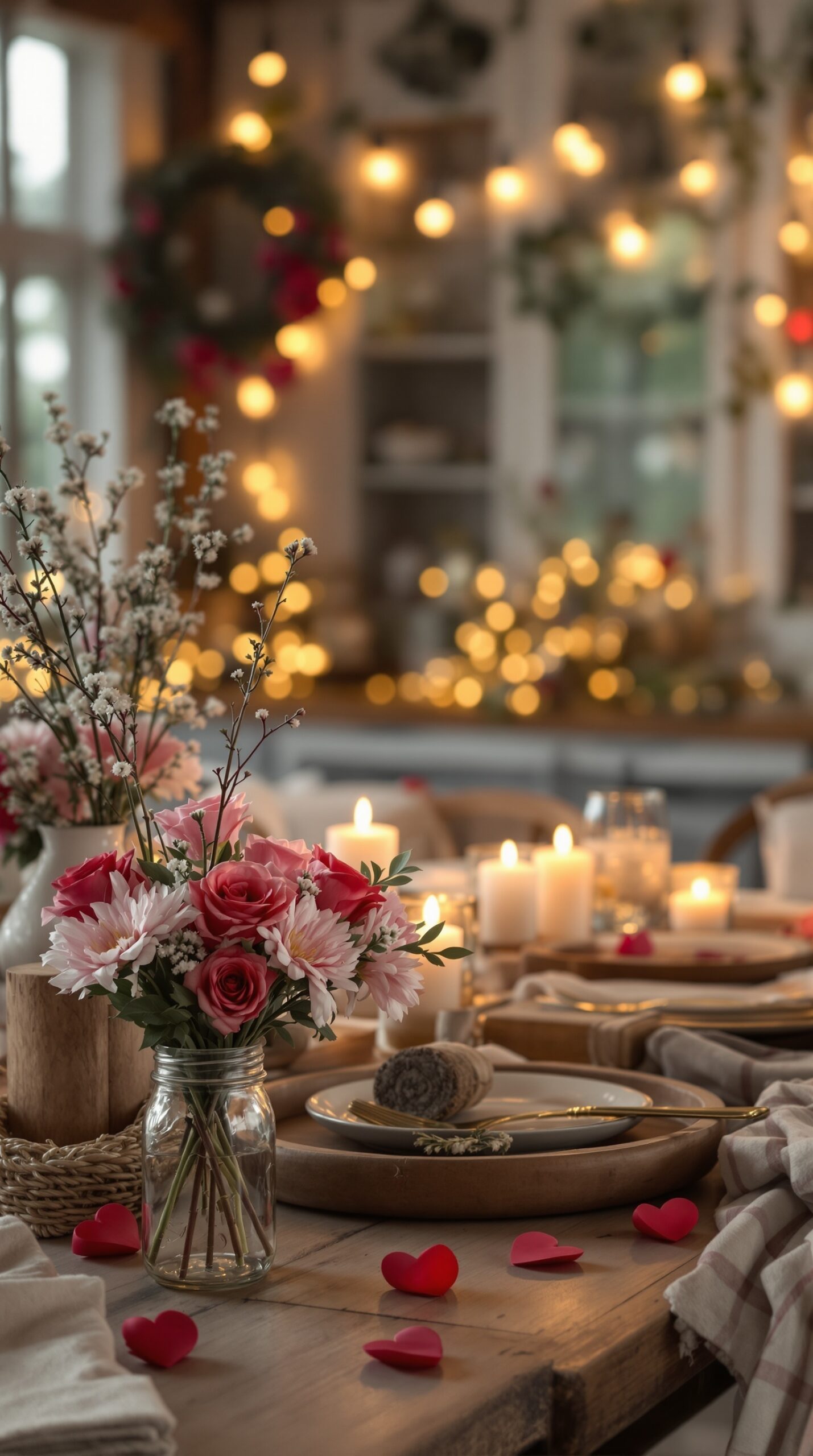 A beautifully decorated table for Valentine's Day featuring flowers, candles, and heart-shaped decorations.