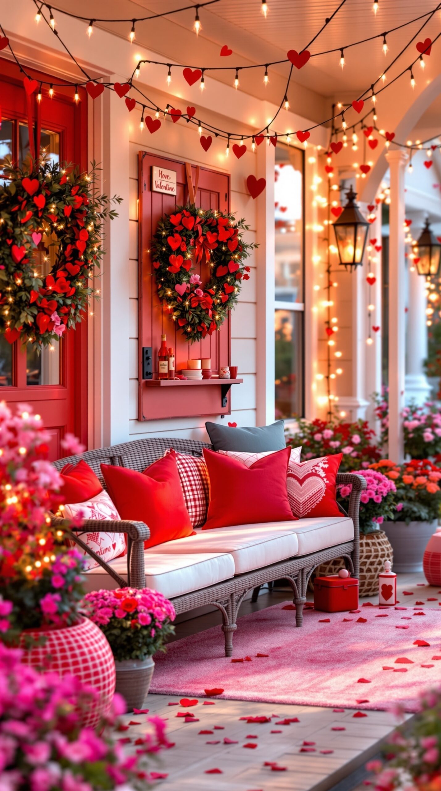 A beautifully decorated porch for Valentine's Day featuring red and pink accents, heart-shaped decorations, and cozy seating.