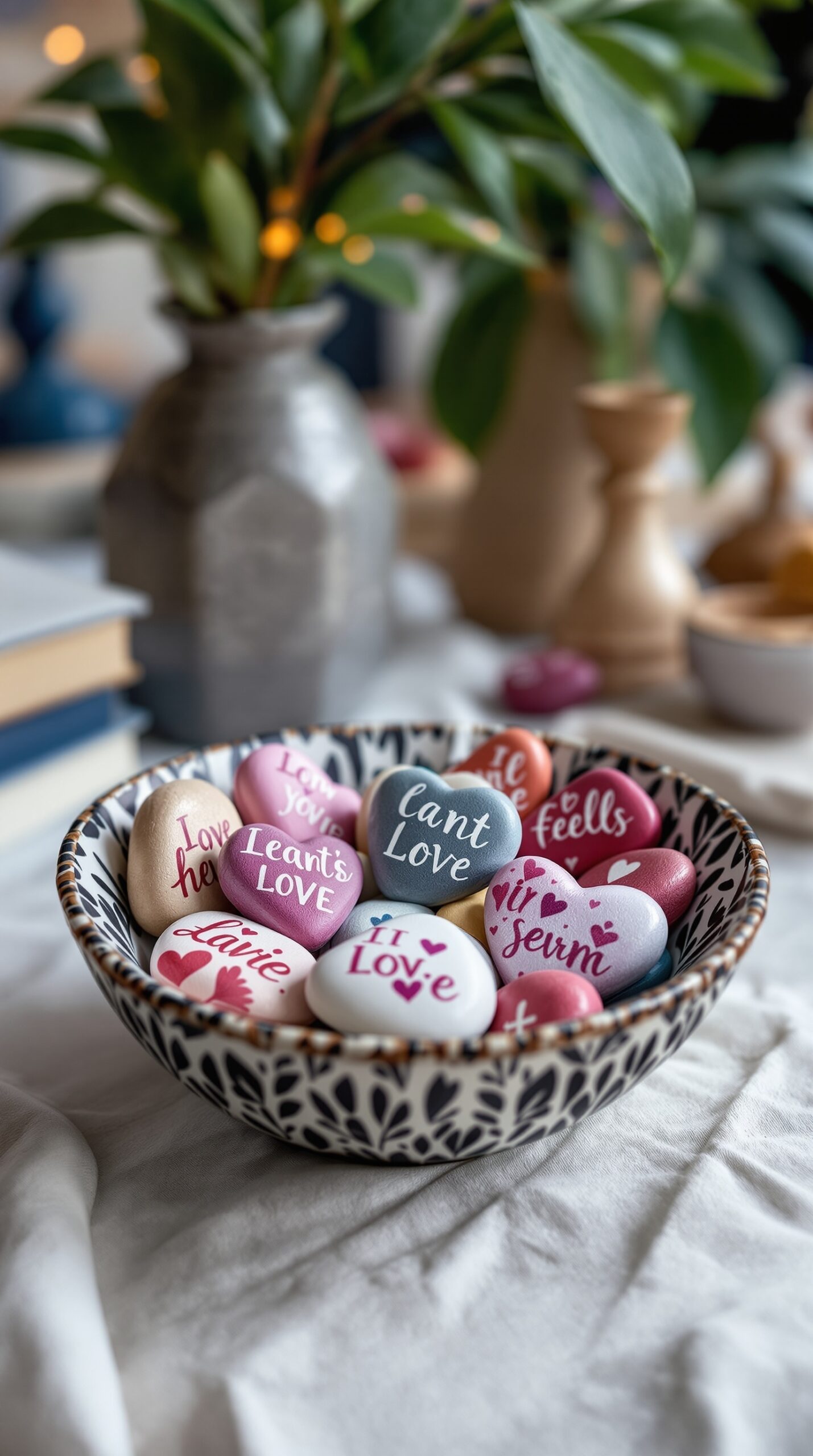 A bowl of decorative heart stones with love-themed messages