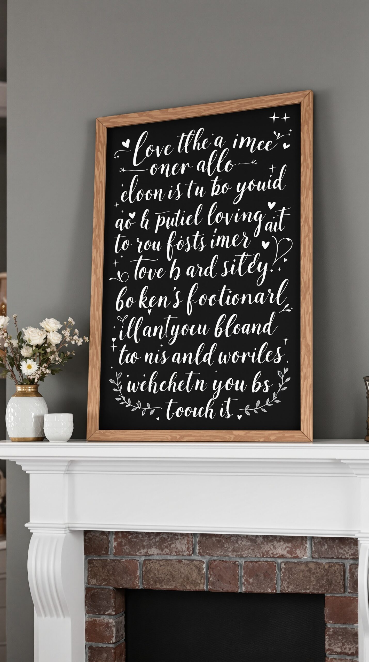 Chalkboard display with love quotes framed on a mantel