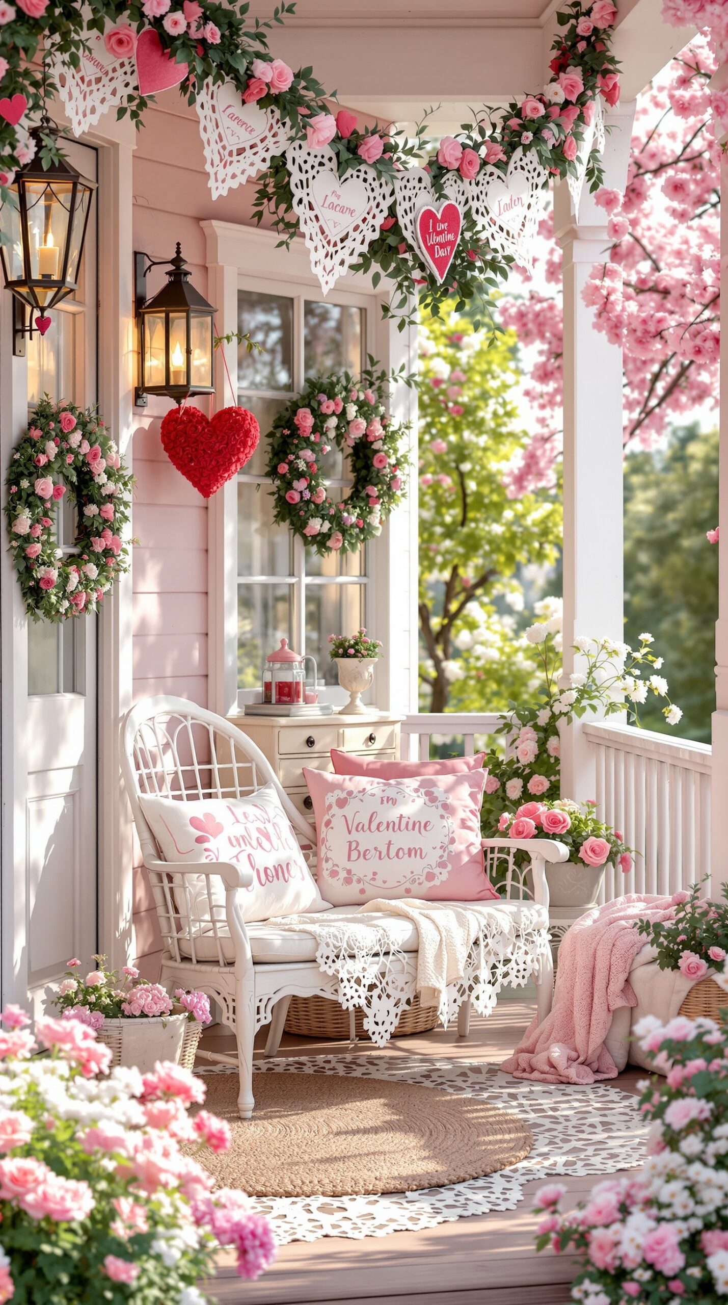 A beautifully decorated porch for Valentine's Day featuring pink flowers, heart-shaped wreaths, and cozy seating.
