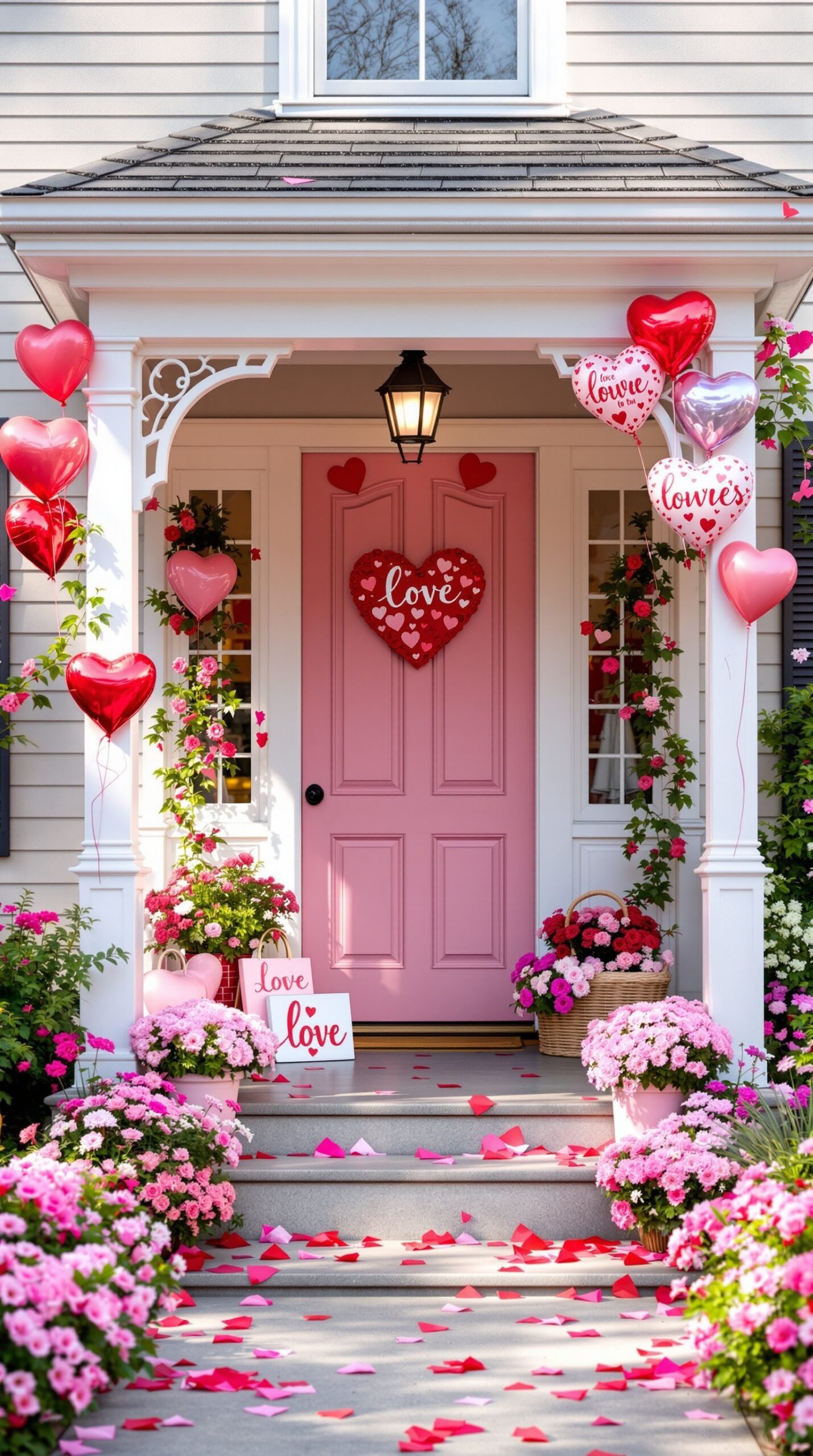 A beautifully decorated porch for Valentine's Day featuring a pink door, heart-shaped signs, balloons, and flowers.