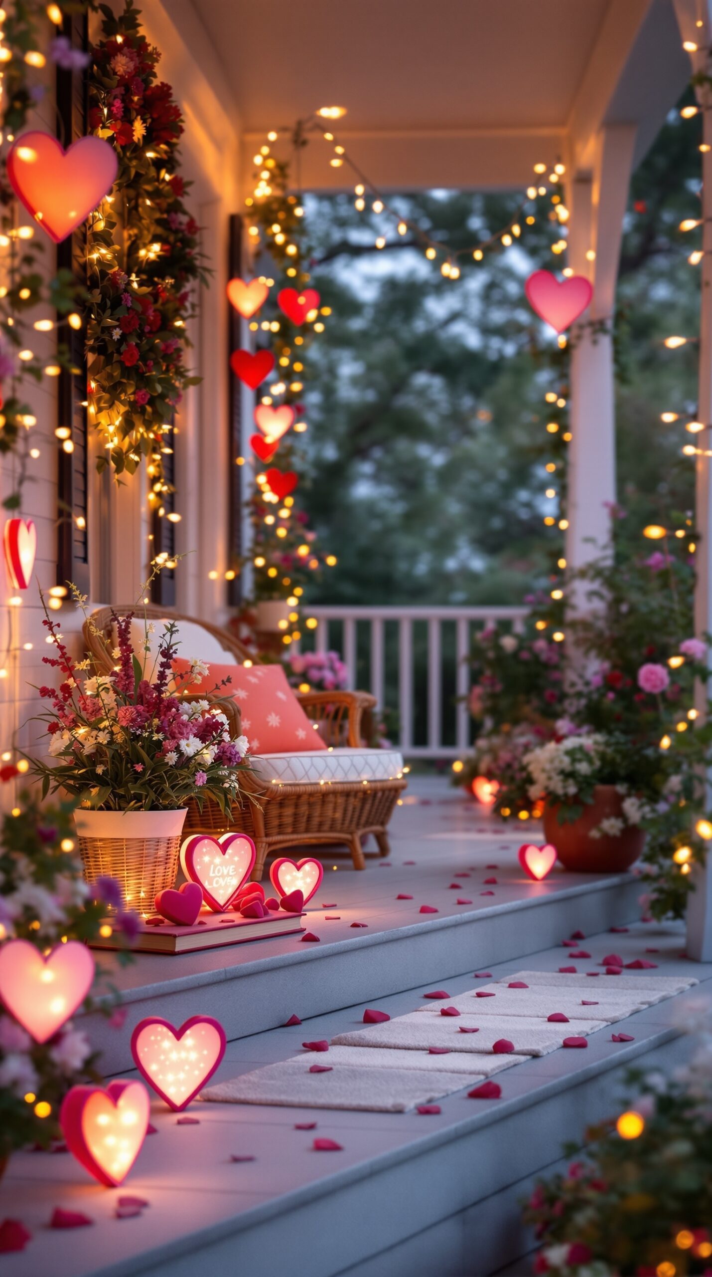 A beautifully decorated porch for Valentine's Day with heart-shaped lanterns, flowers, and soft lighting.