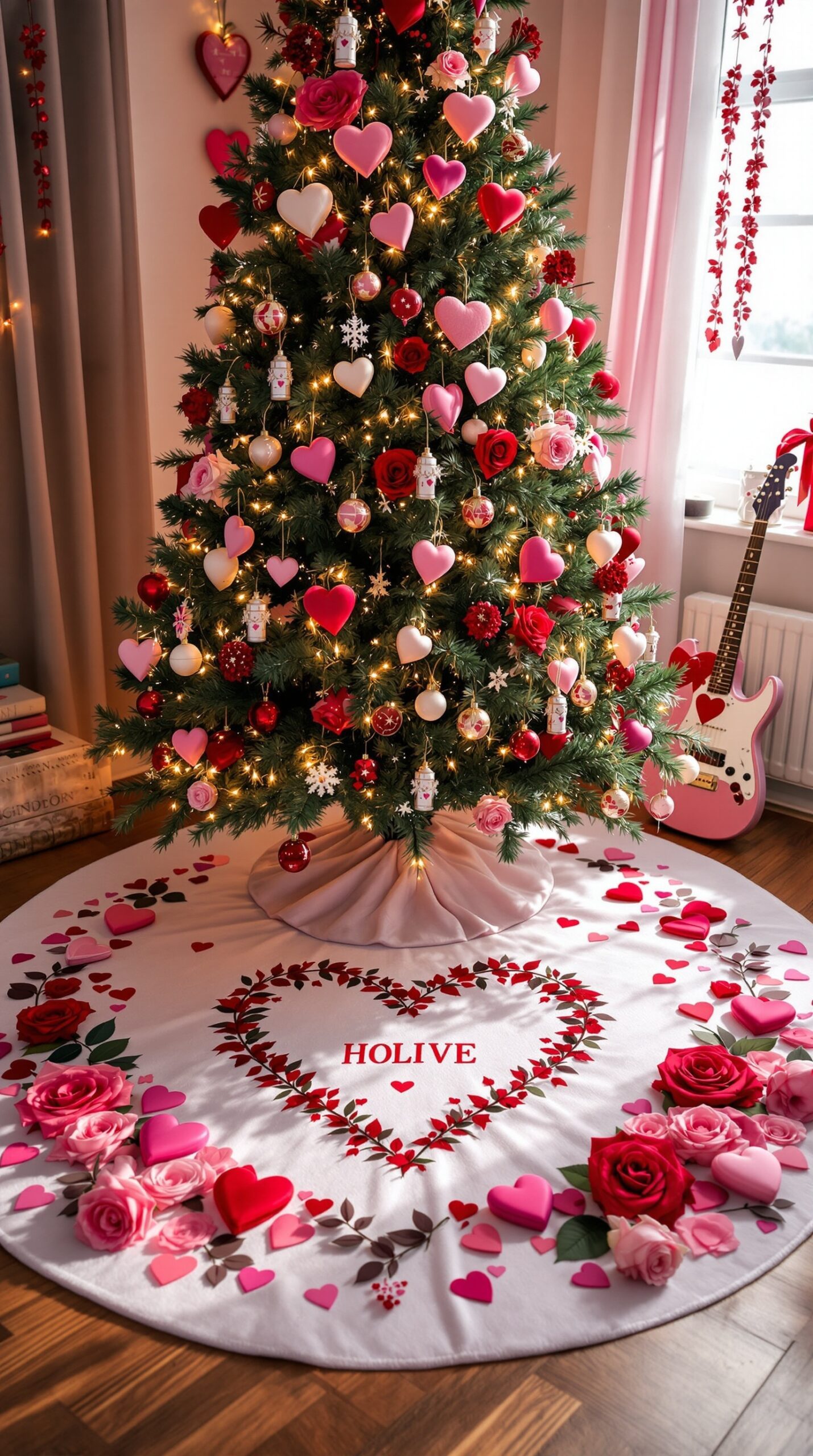 A beautifully decorated Valentine tree skirt featuring hearts and roses, enhancing the festive atmosphere.