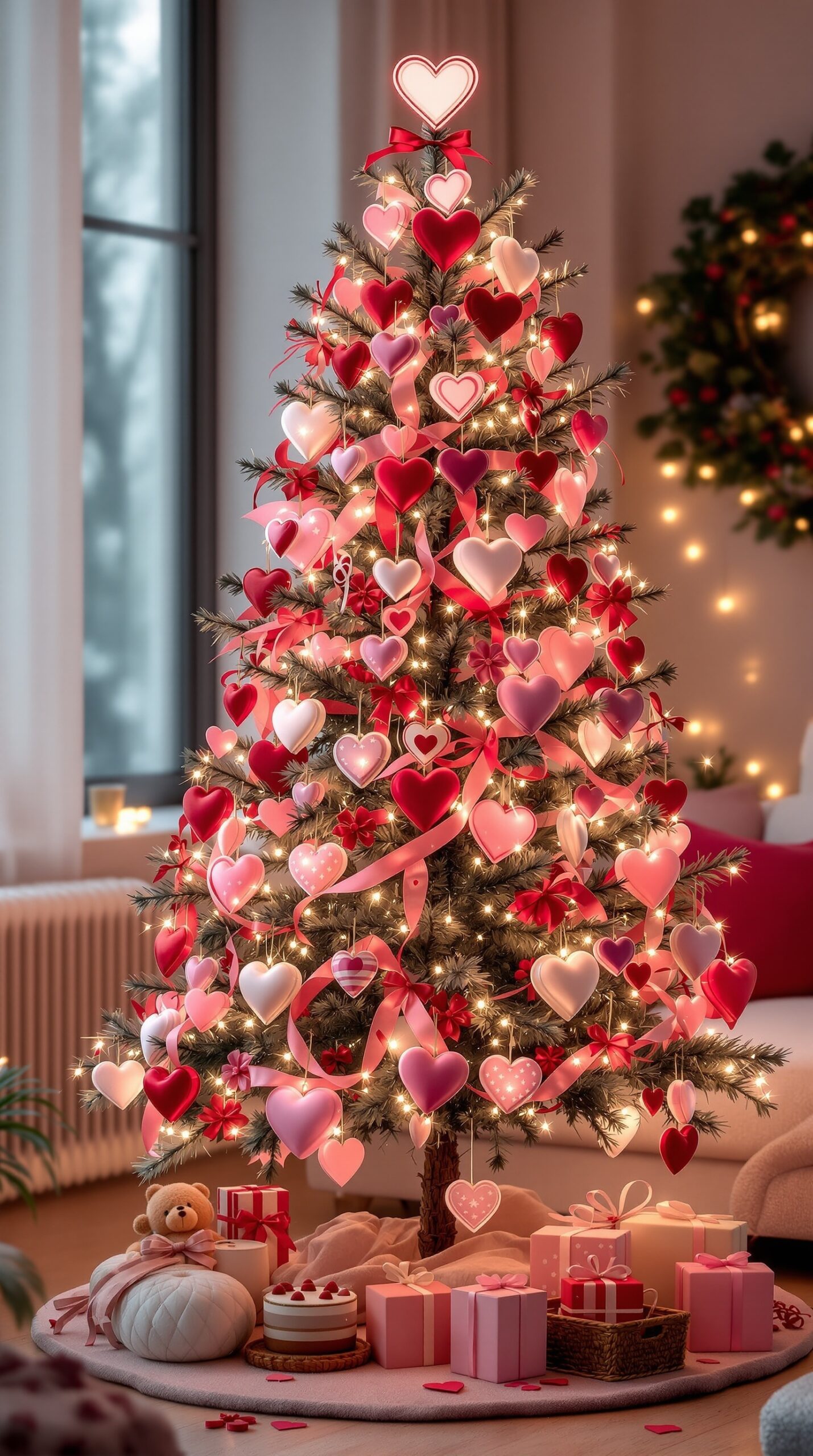 A beautifully decorated Valentine tree with heart ornaments in pink and red, surrounded by gifts and a cozy setting.