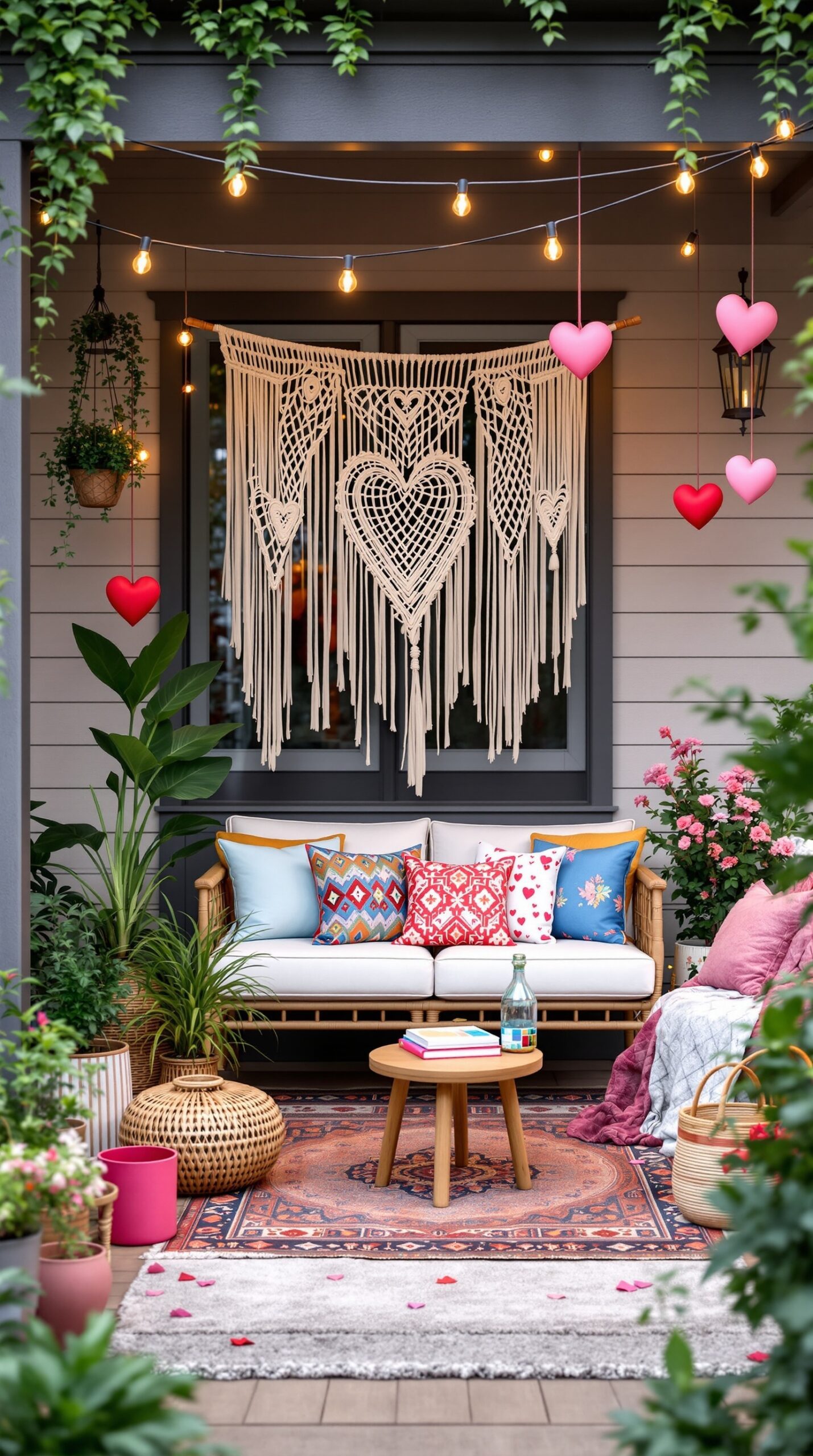 A boho-style porch decorated for Valentine's Day with a macramé heart wall hanging, colorful pillows, and string lights.