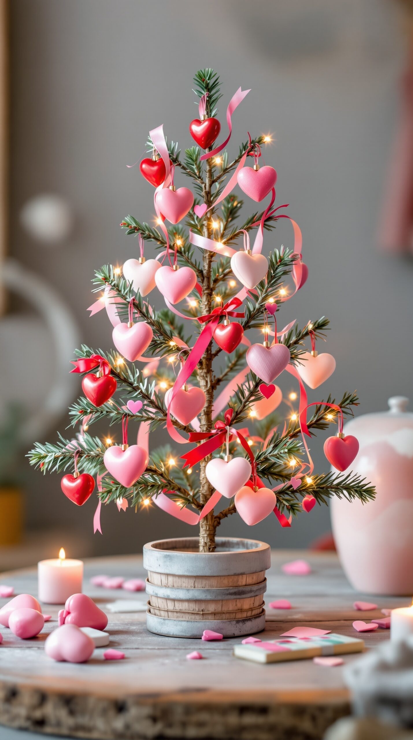 A small Valentine tree decorated with heart ornaments and fairy lights.