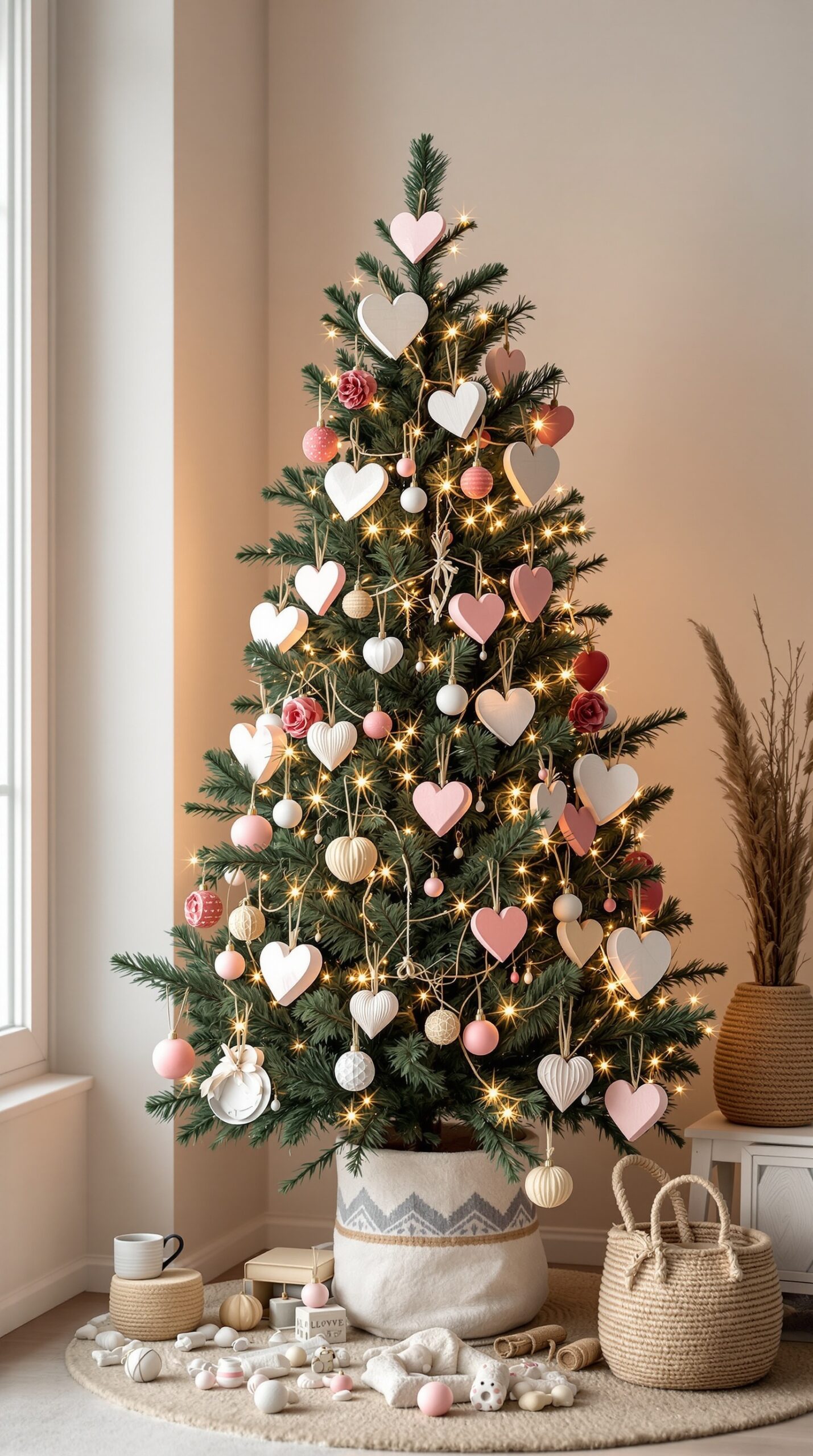 A beautifully decorated Valentine's Day tree with heart ornaments in pink and white, surrounded by cozy decor.