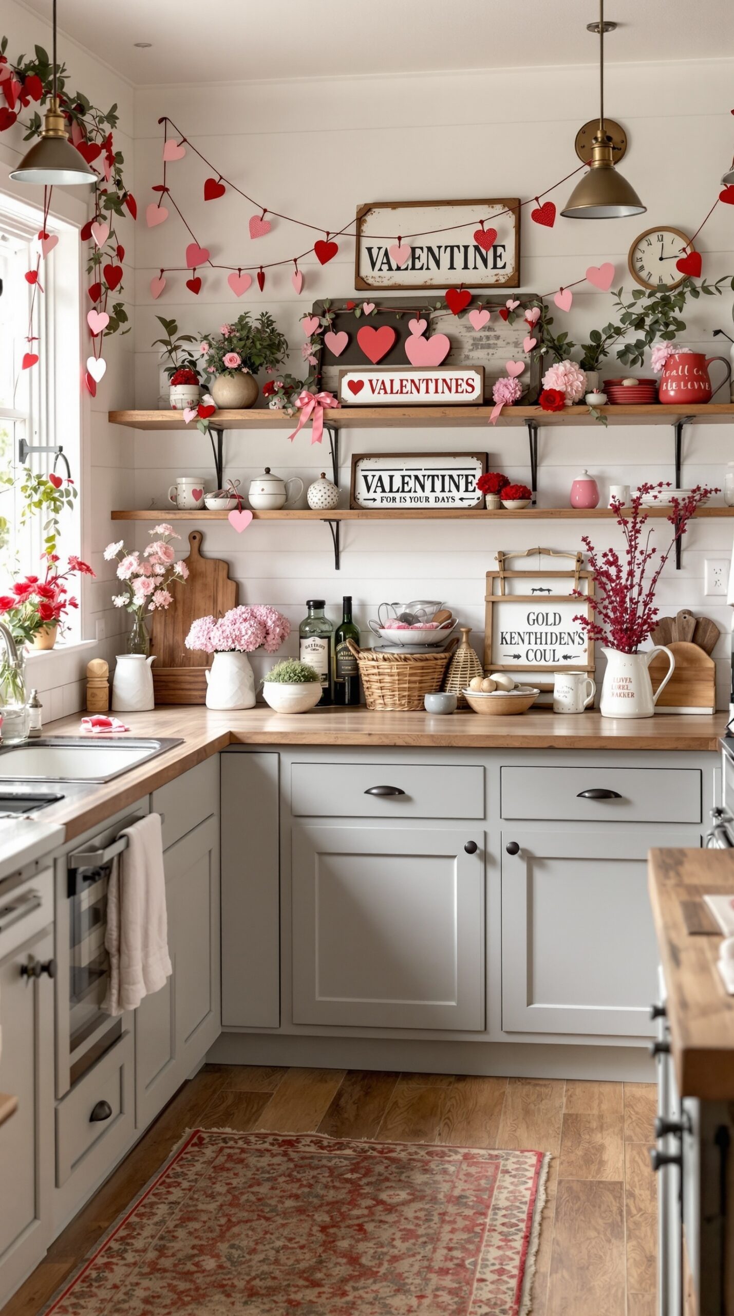 A cozy kitchen decorated for Valentine's Day with rustic and farmhouse style elements.