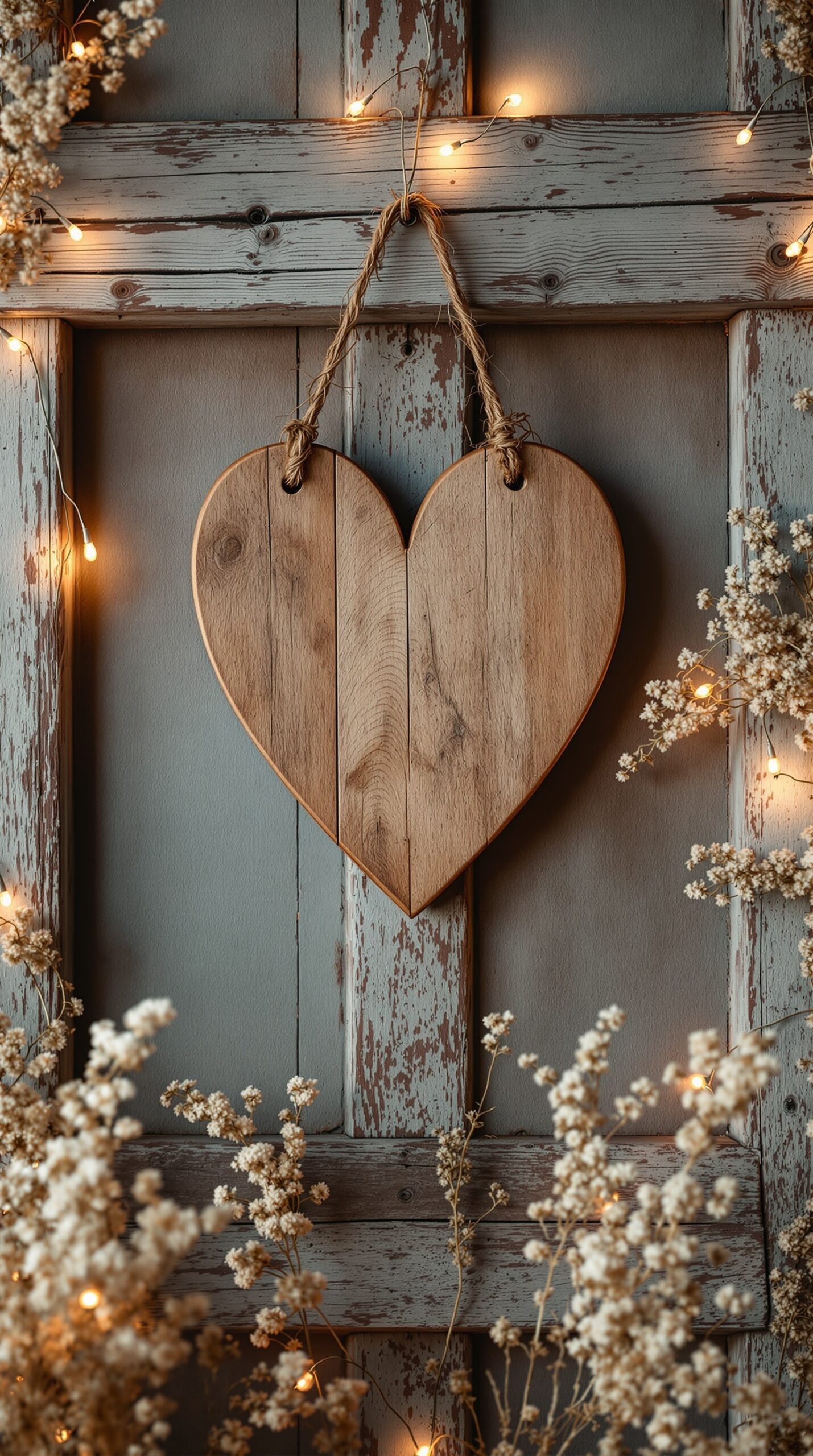 A wooden heart decor piece hanging on a rustic wooden backdrop, surrounded by dried flowers and warm lights.