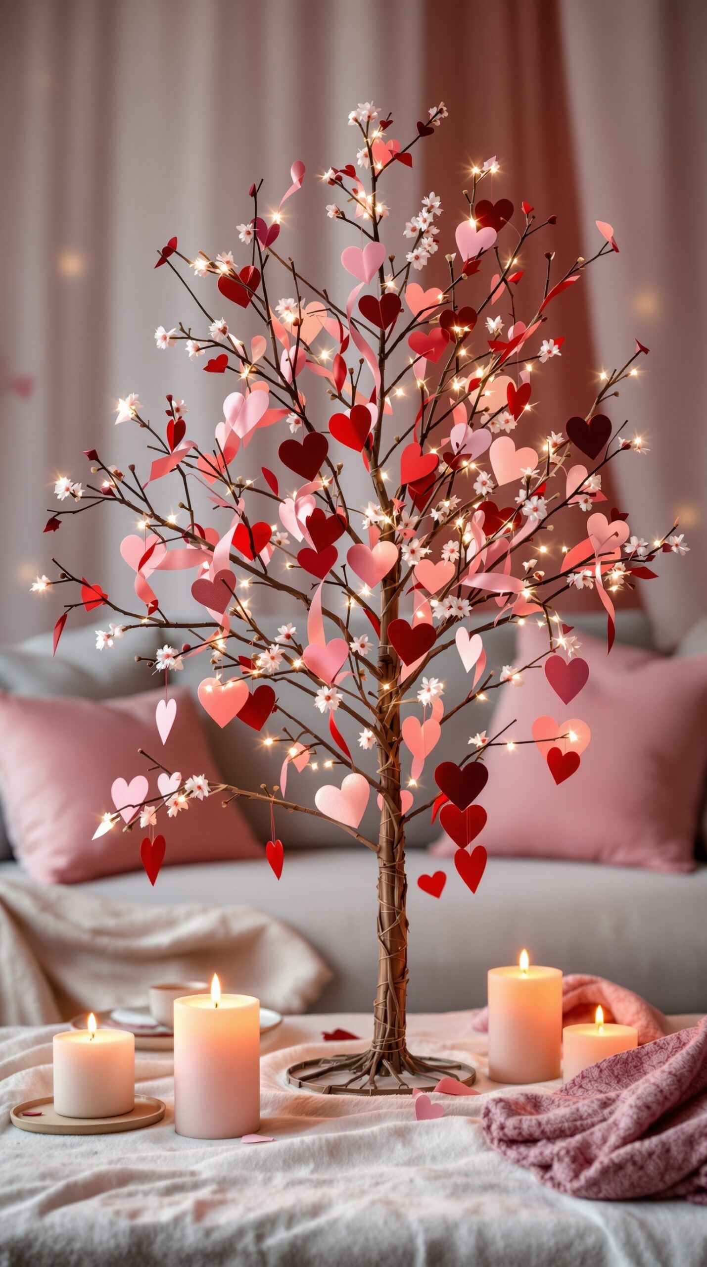 A beautifully decorated tabletop Valentine tree with heart ornaments, fairy lights, and candles.