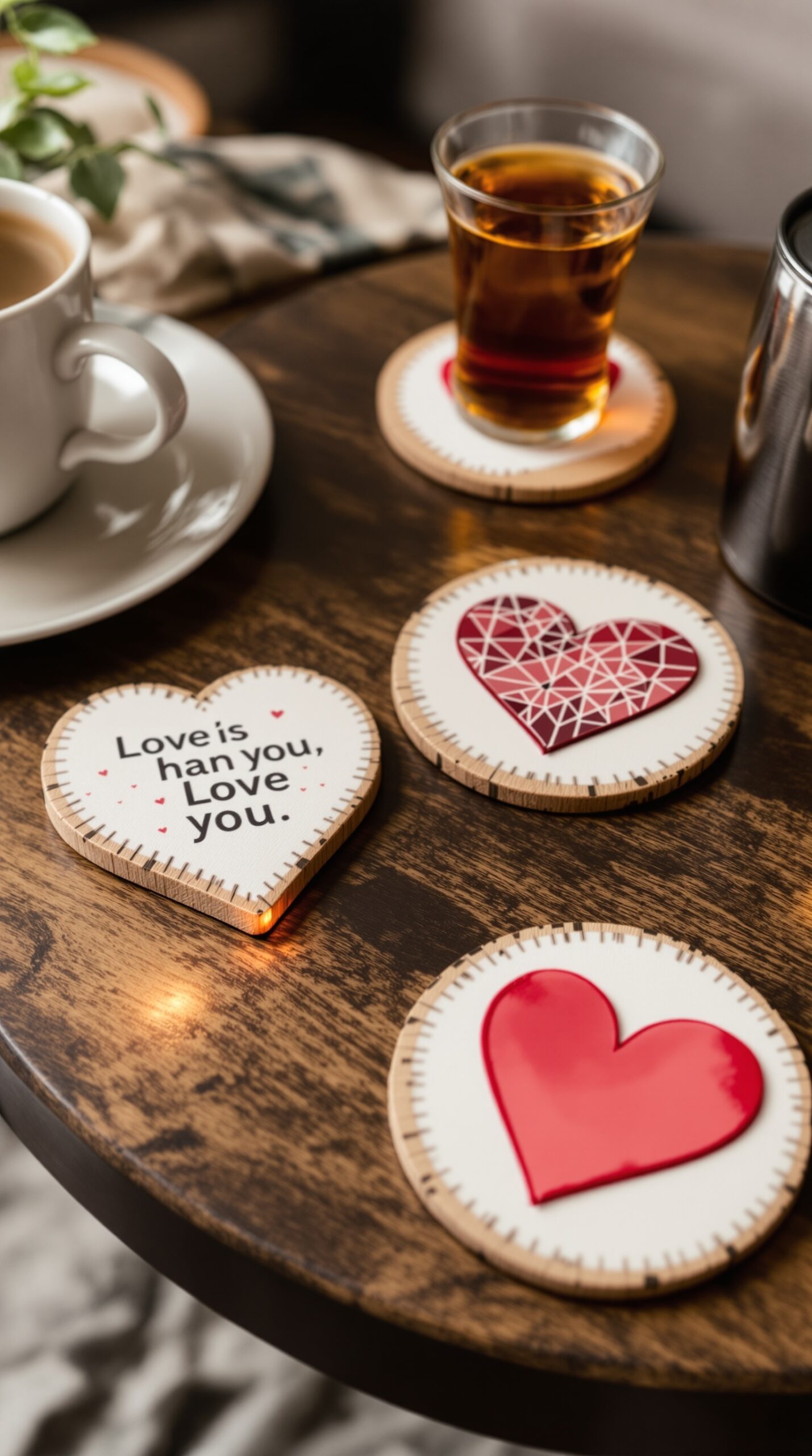 Heart-shaped coasters with love-themed designs on a wooden table.