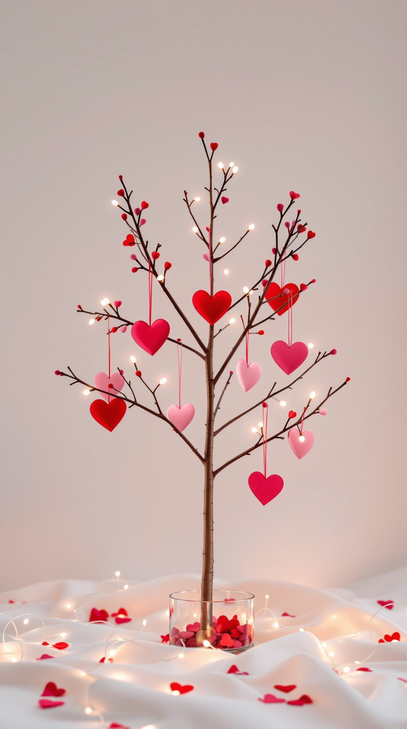 A minimalist Valentine tree with heart ornaments and lights
