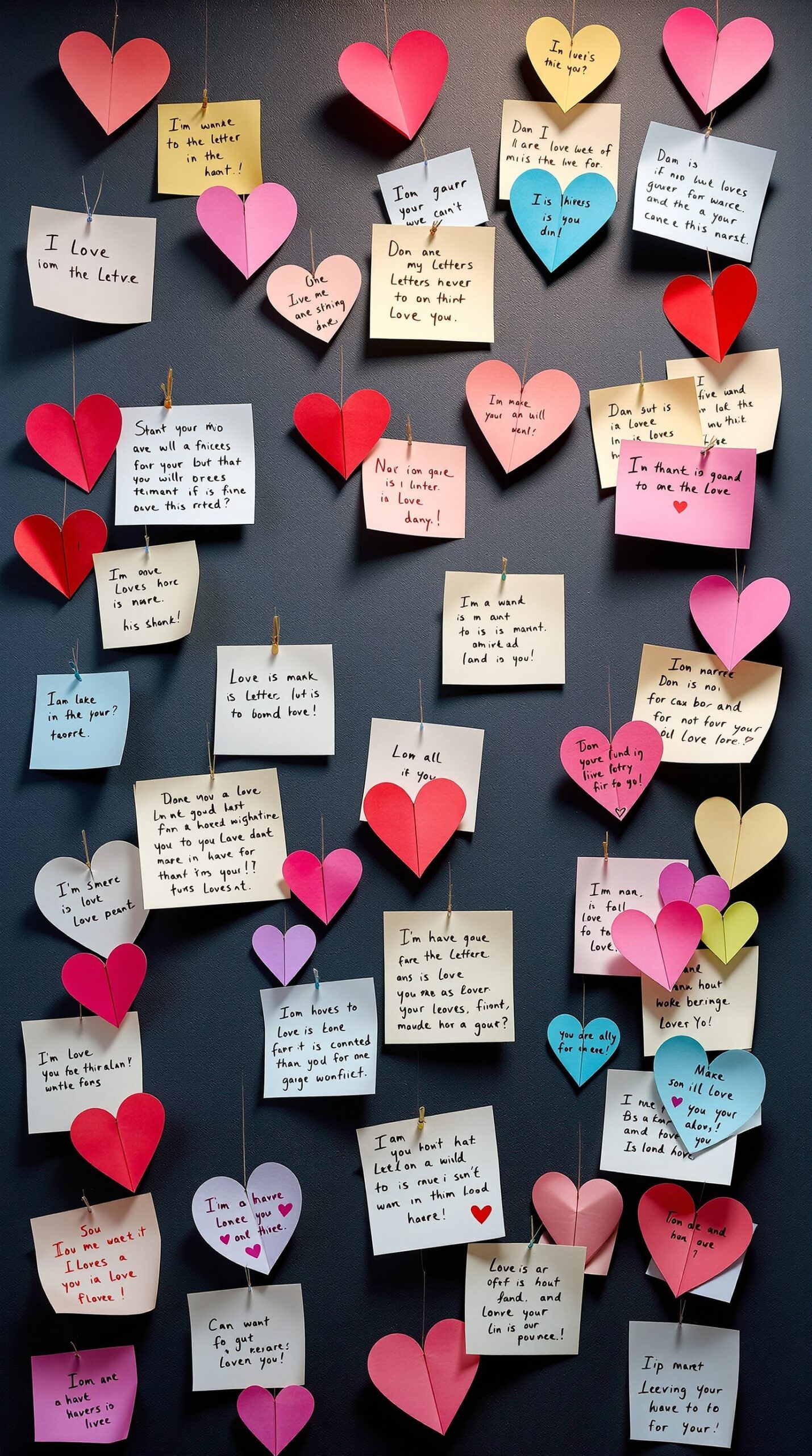 A wall decorated with colorful hearts and handwritten love notes.