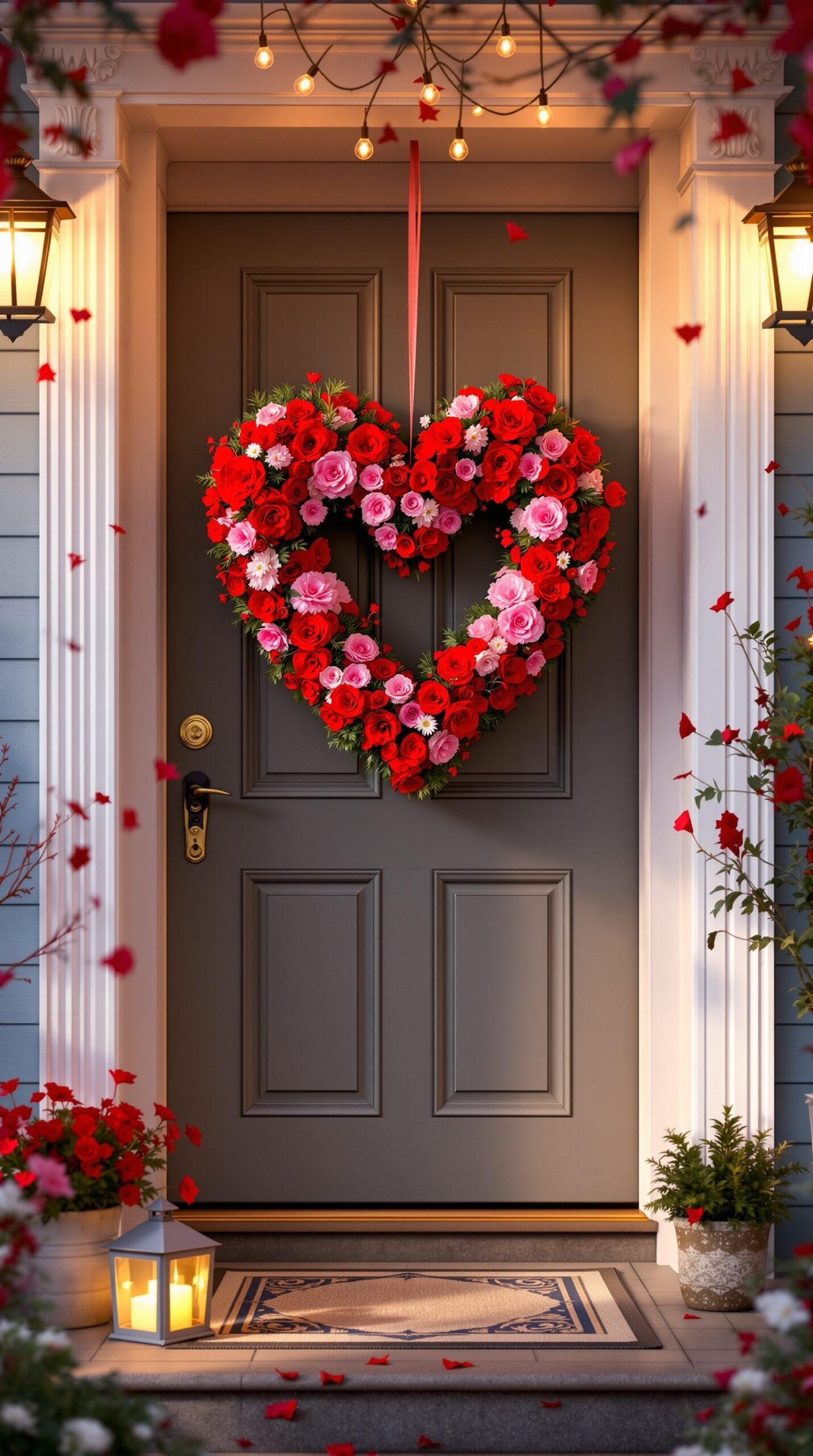 A heart-shaped wreath made of red and pink flowers hanging on a front door, surrounded by decorative elements for Valentine's Day.