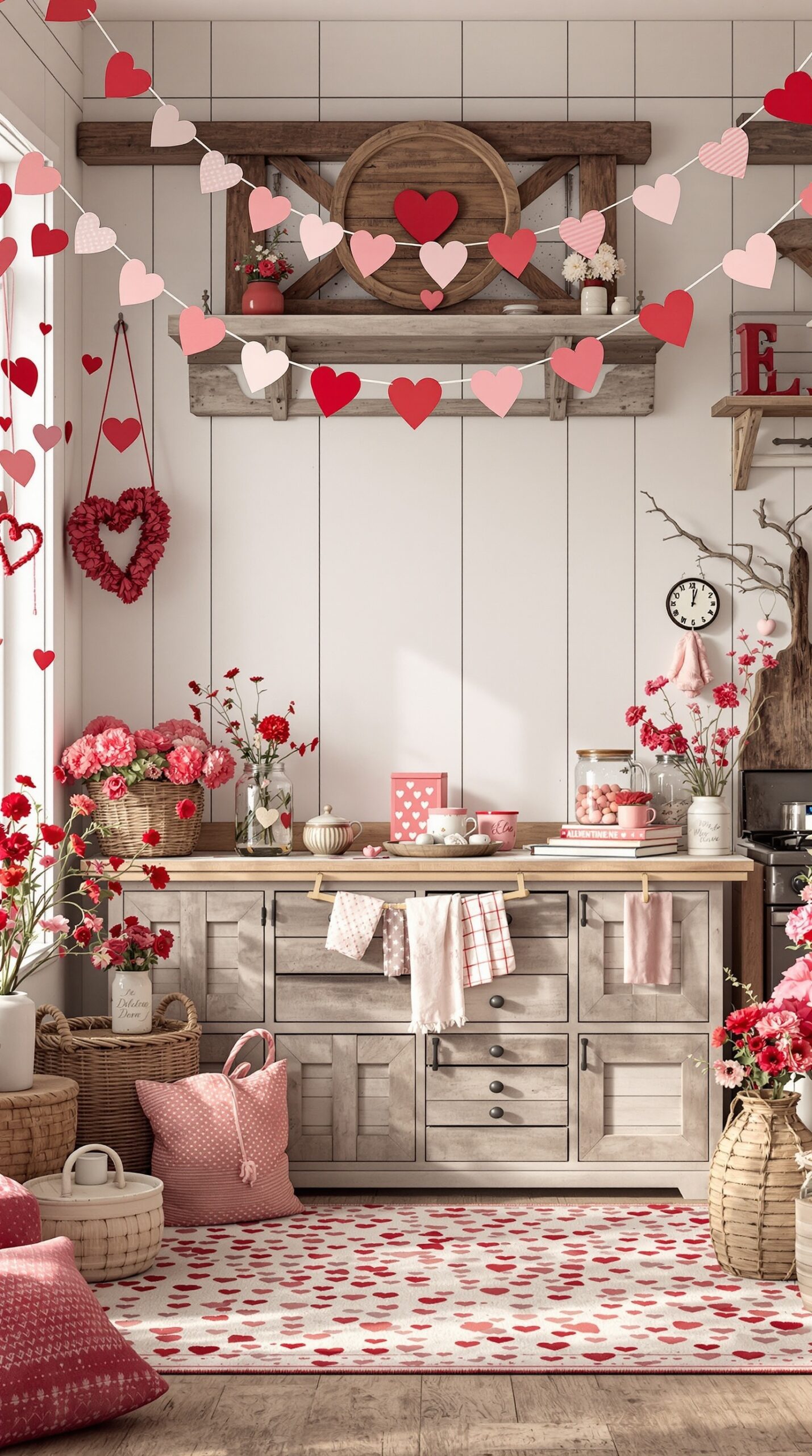 A cozy kitchen decorated for Valentine's Day with heart garlands, flowers, and rustic elements.