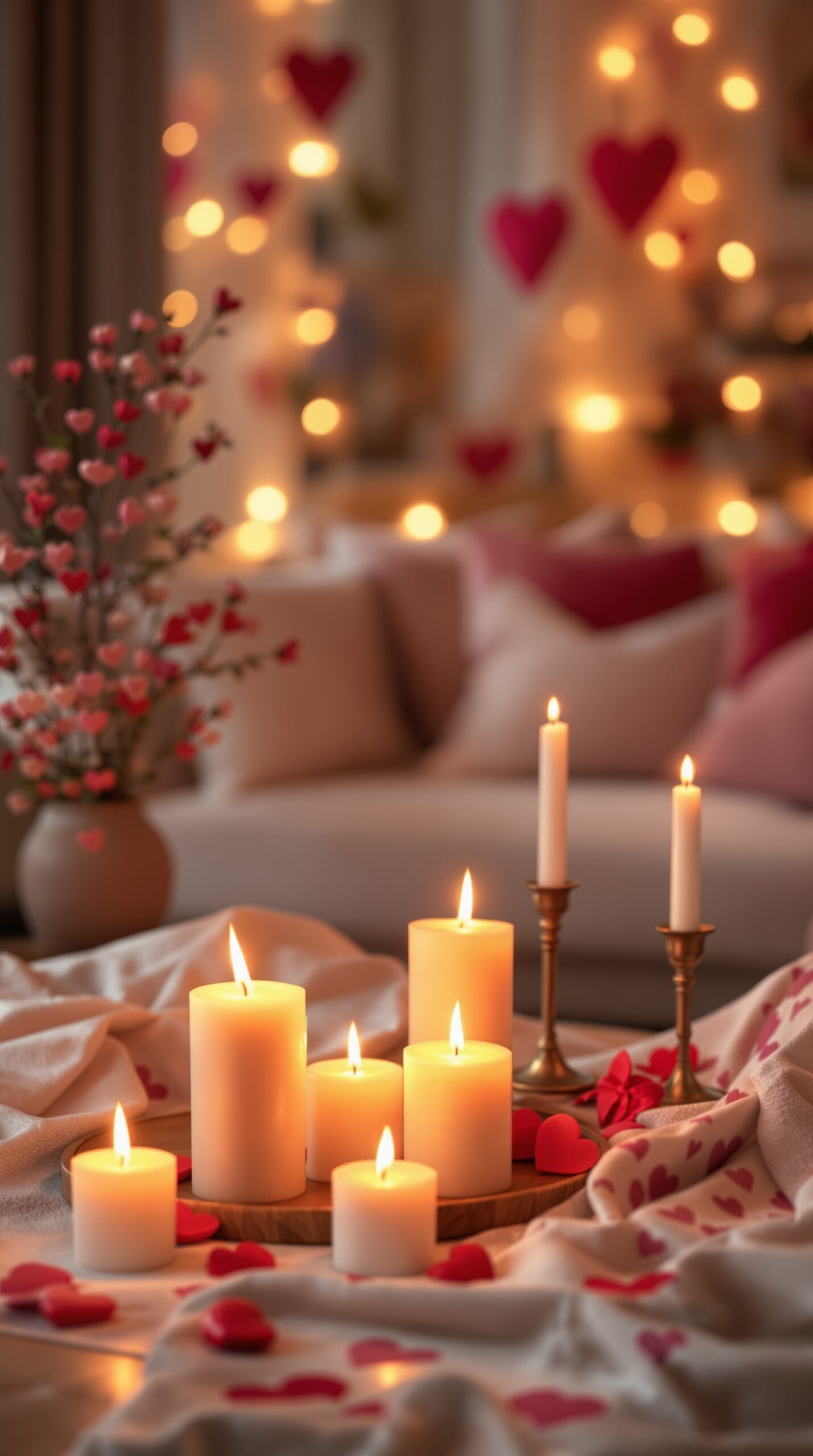 A cozy arrangement of candles with heart decorations for Valentine's Day.