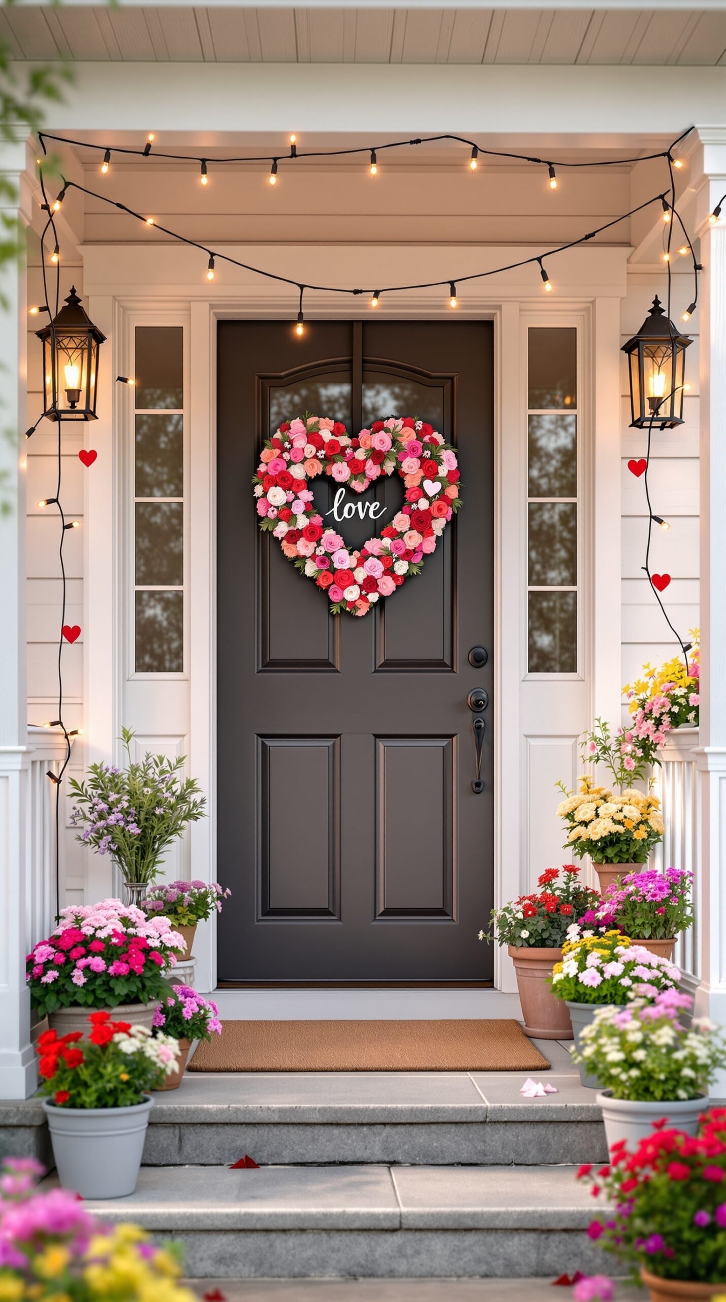 A beautifully decorated porch for Valentine's Day featuring a heart-shaped wreath, string lights, and colorful potted flowers.