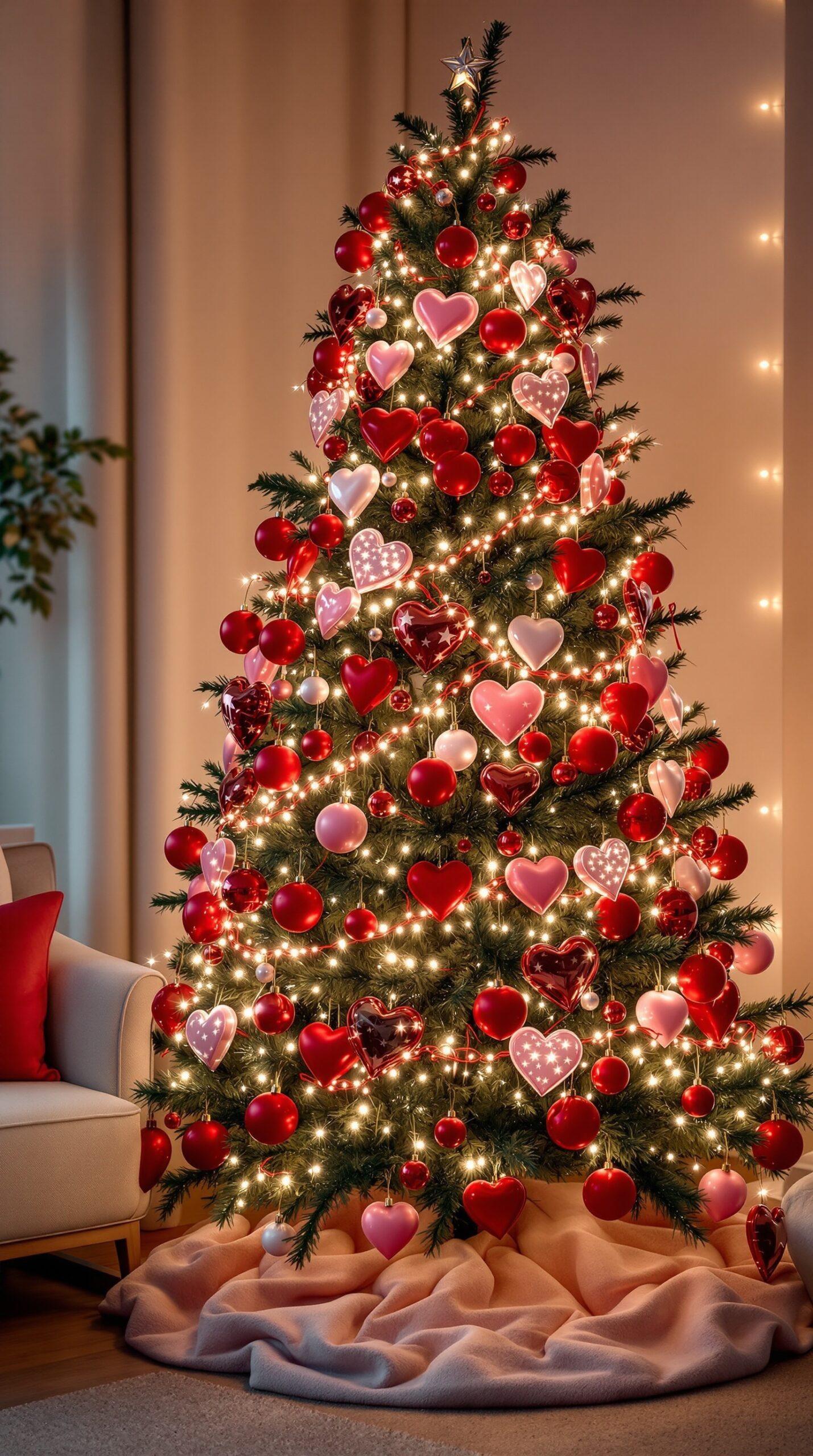 A beautifully decorated Valentine's Day tree with red and pink heart ornaments and lights.