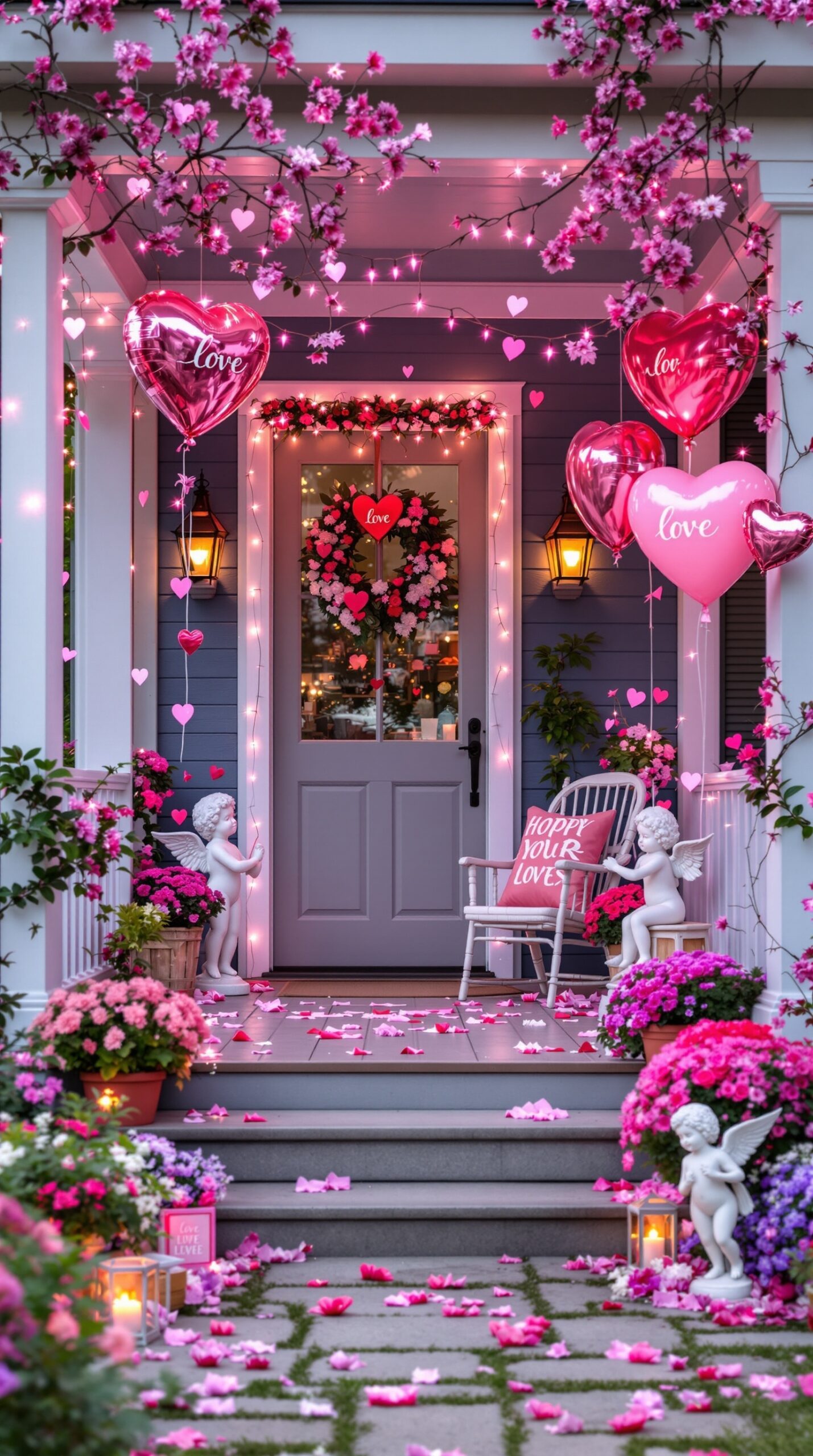 A beautifully decorated porch for Valentine's Day featuring heart balloons, flowers, and lights.