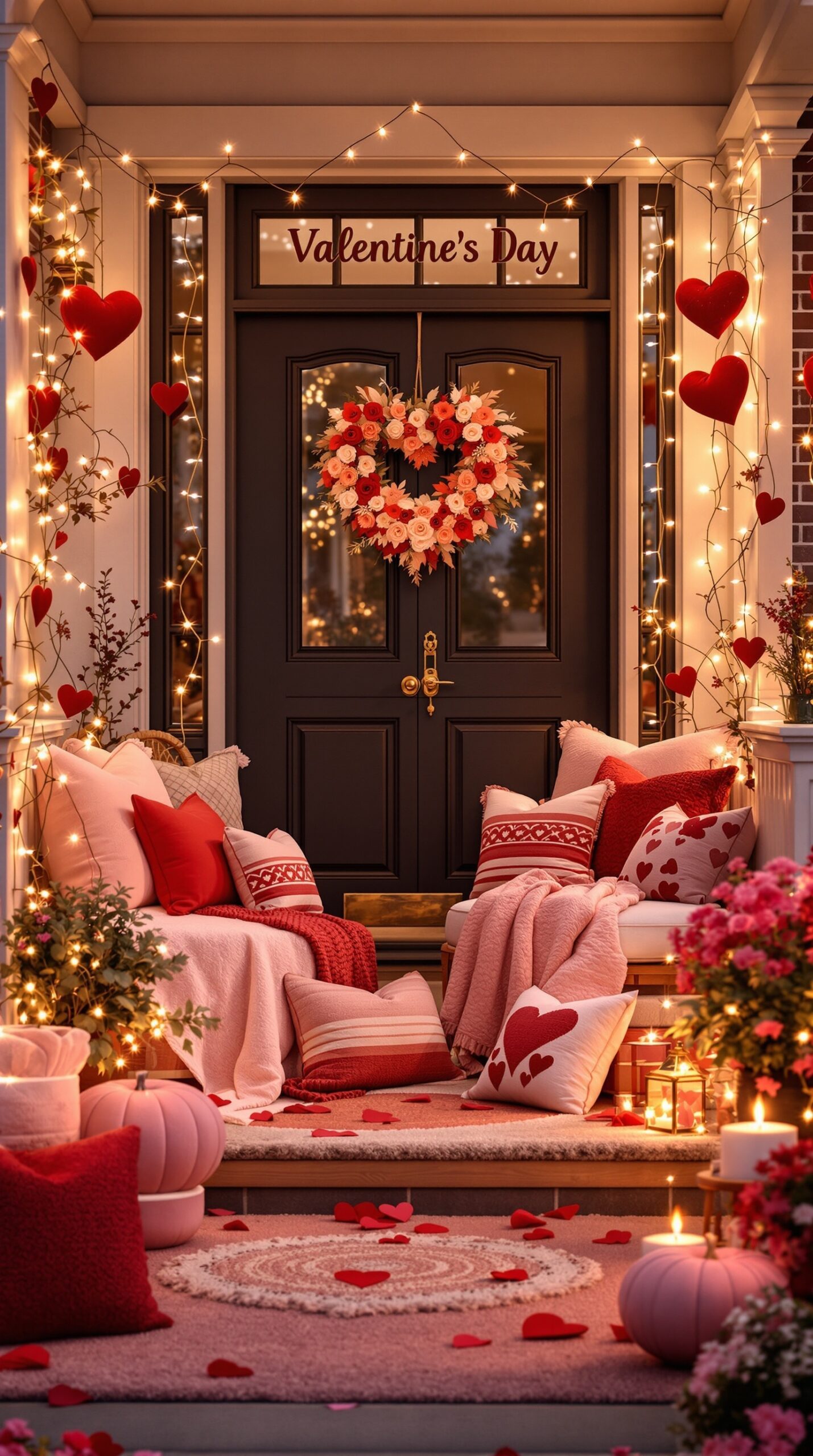 A cozy Valentine's Day porch decorated with cushions, throws, and heart-themed decorations.