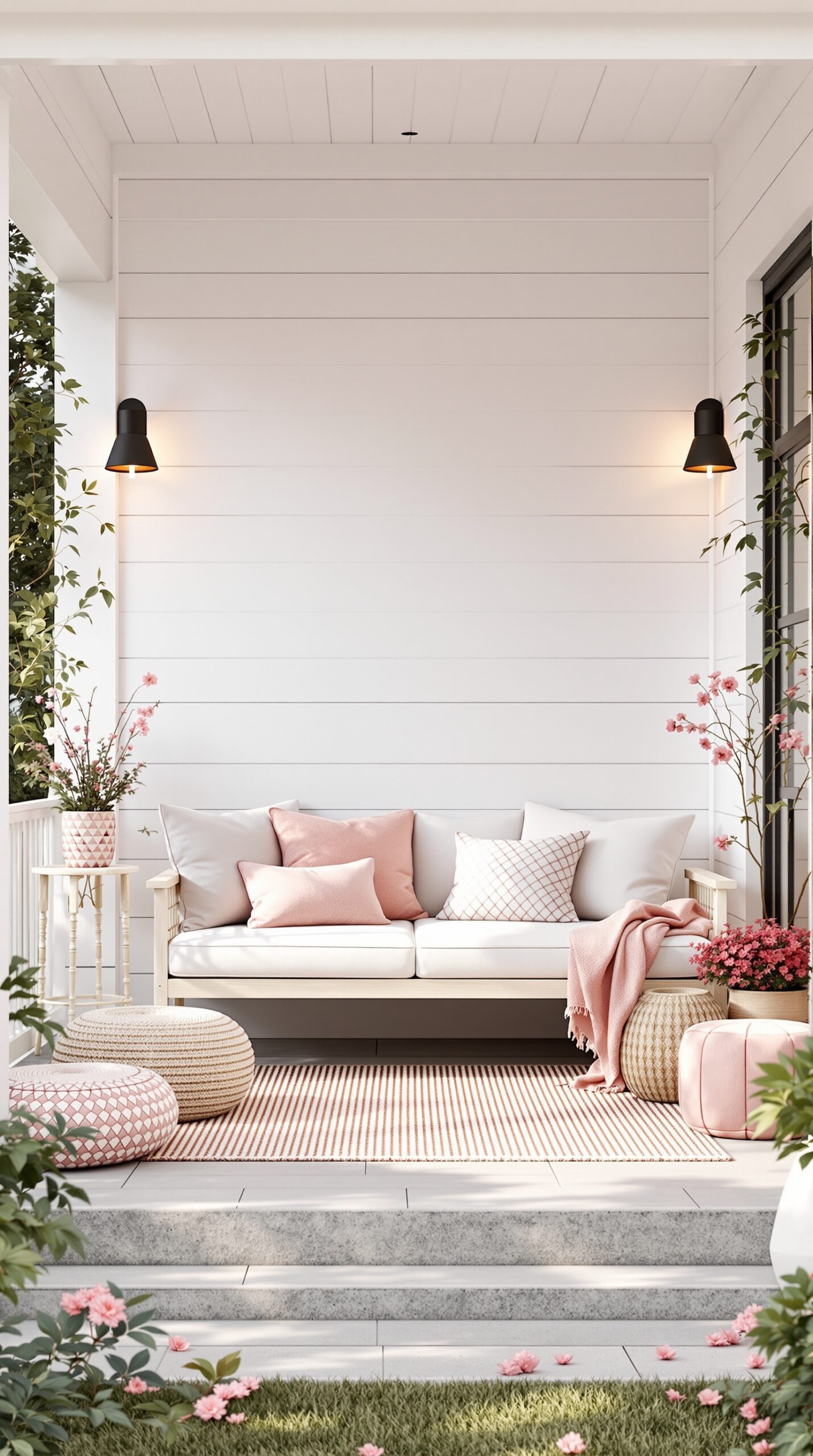 A modern minimalist porch decorated for Valentine's Day with soft pink hues, cozy furniture, and potted plants.