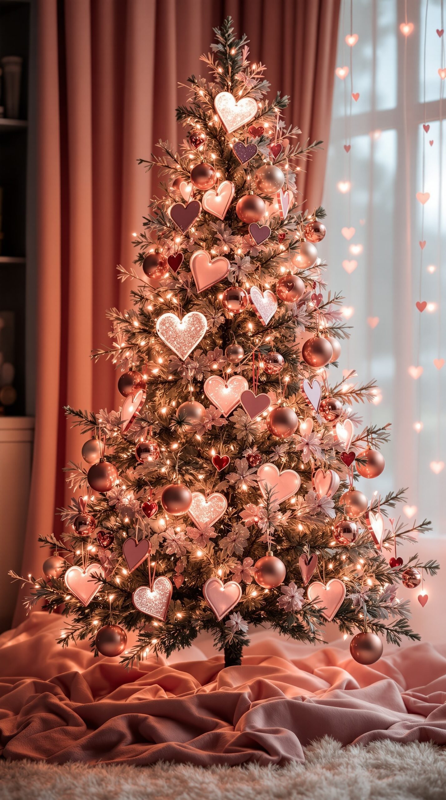 A beautifully decorated Valentine's Day tree with rose gold ornaments and heart shapes.