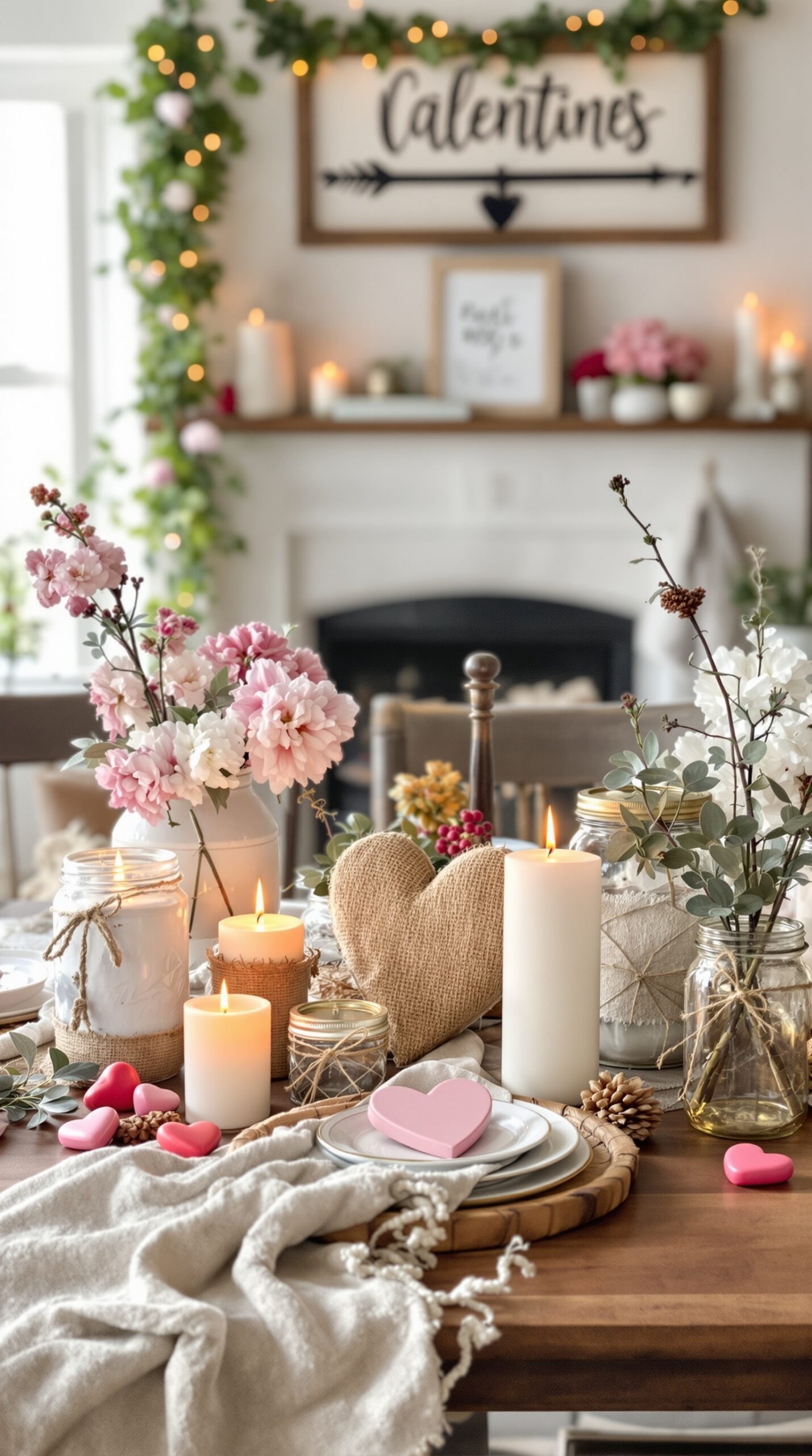 A beautifully arranged rustic Valentine's Day table with flowers, candles, and heart decorations.