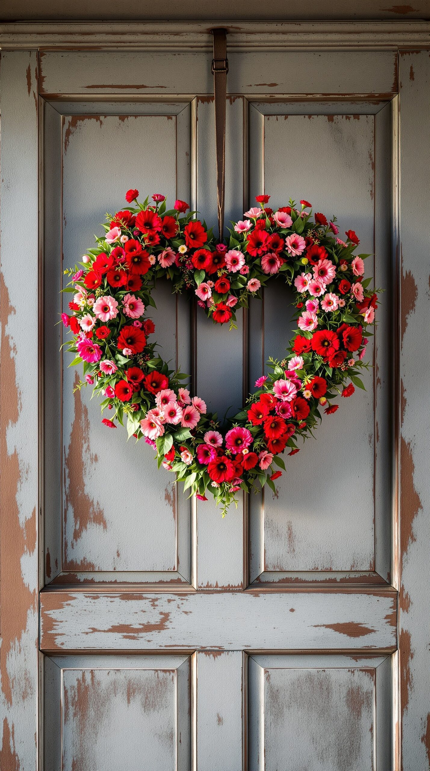 A heart-shaped wreath made of red and pink flowers hanging on a rustic door.