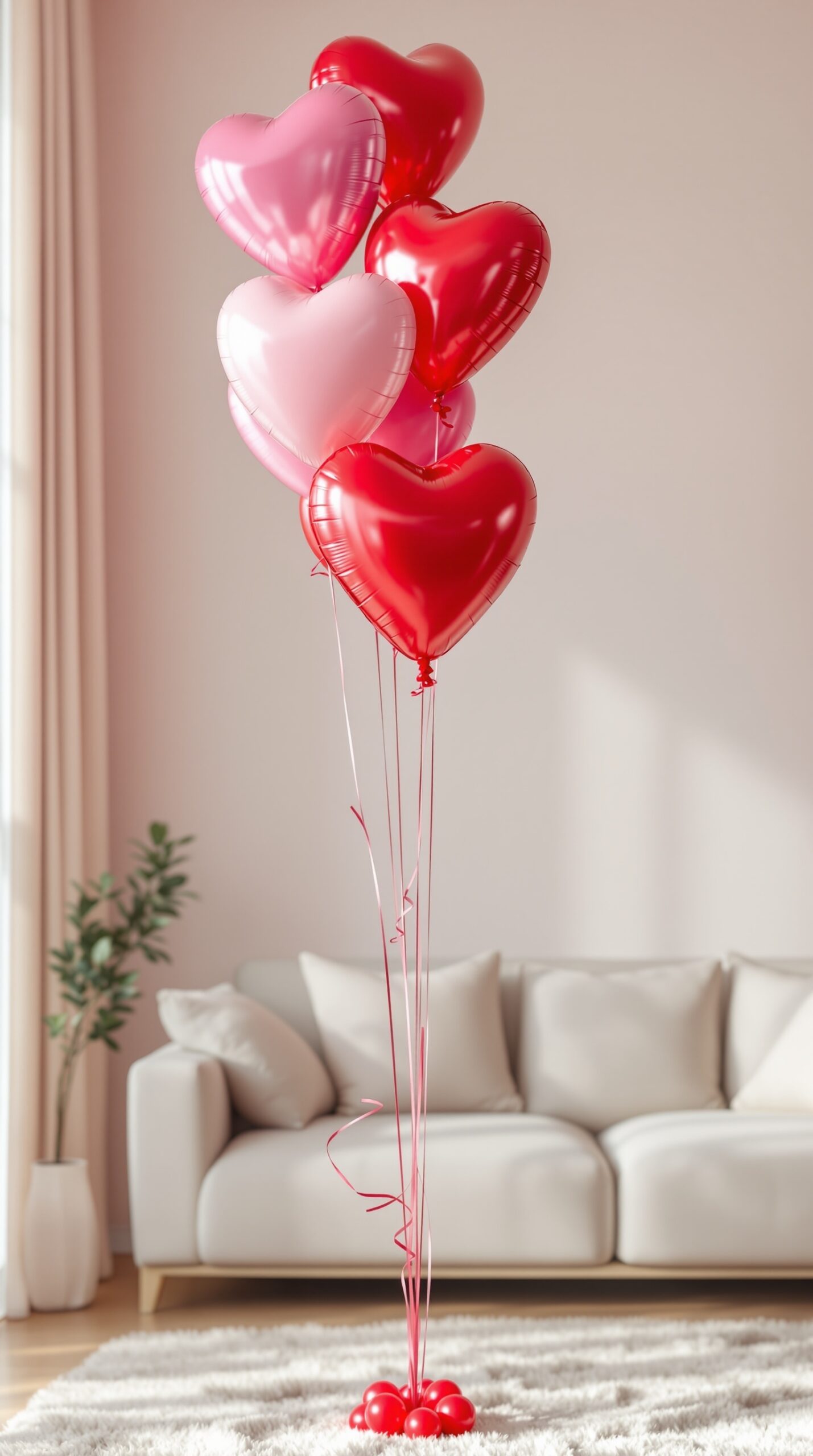 A bouquet of heart-shaped balloons in red and pink colors, standing in a cozy living room setting.