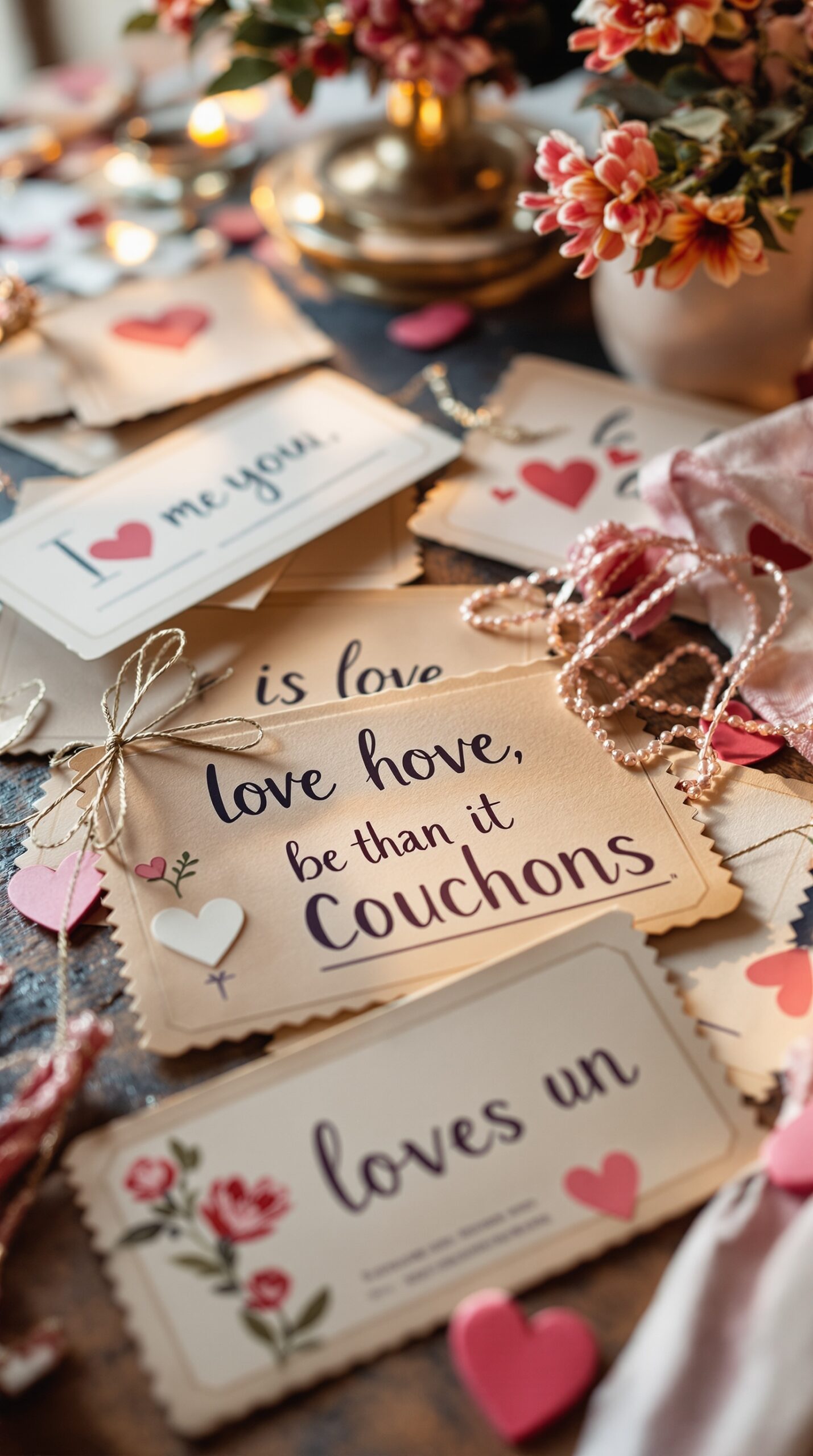 A collection of DIY love coupons with romantic messages and decorative elements.