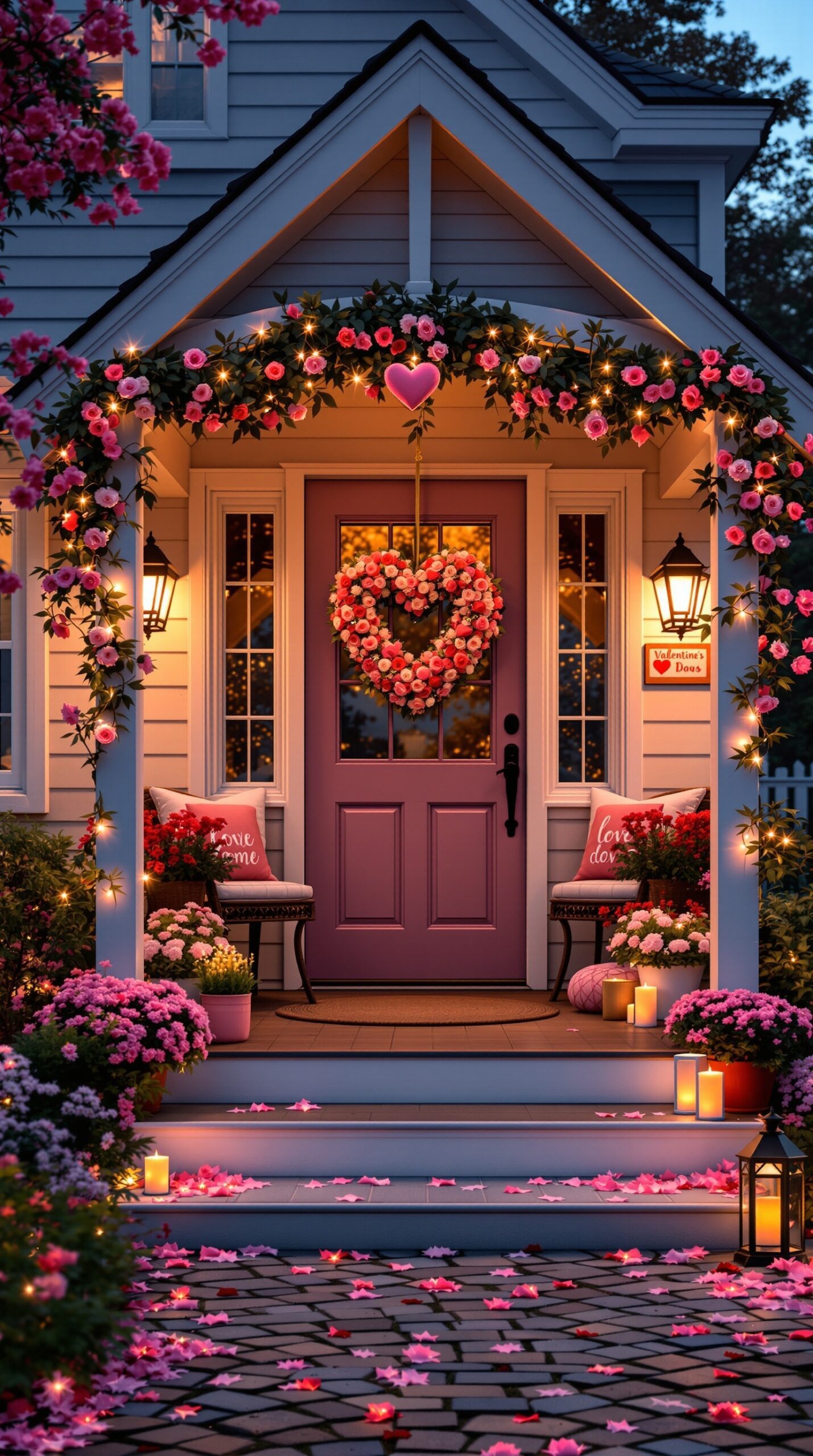 A charming cottage-style front porch decorated for Valentine's Day with flowers, a heart-shaped wreath, and soft lighting.
