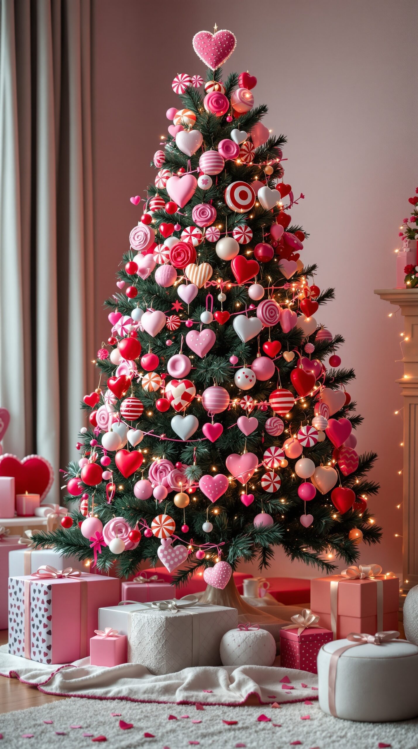 A colorful Valentine's Day tree decorated with heart-shaped ornaments and candy-themed decorations.