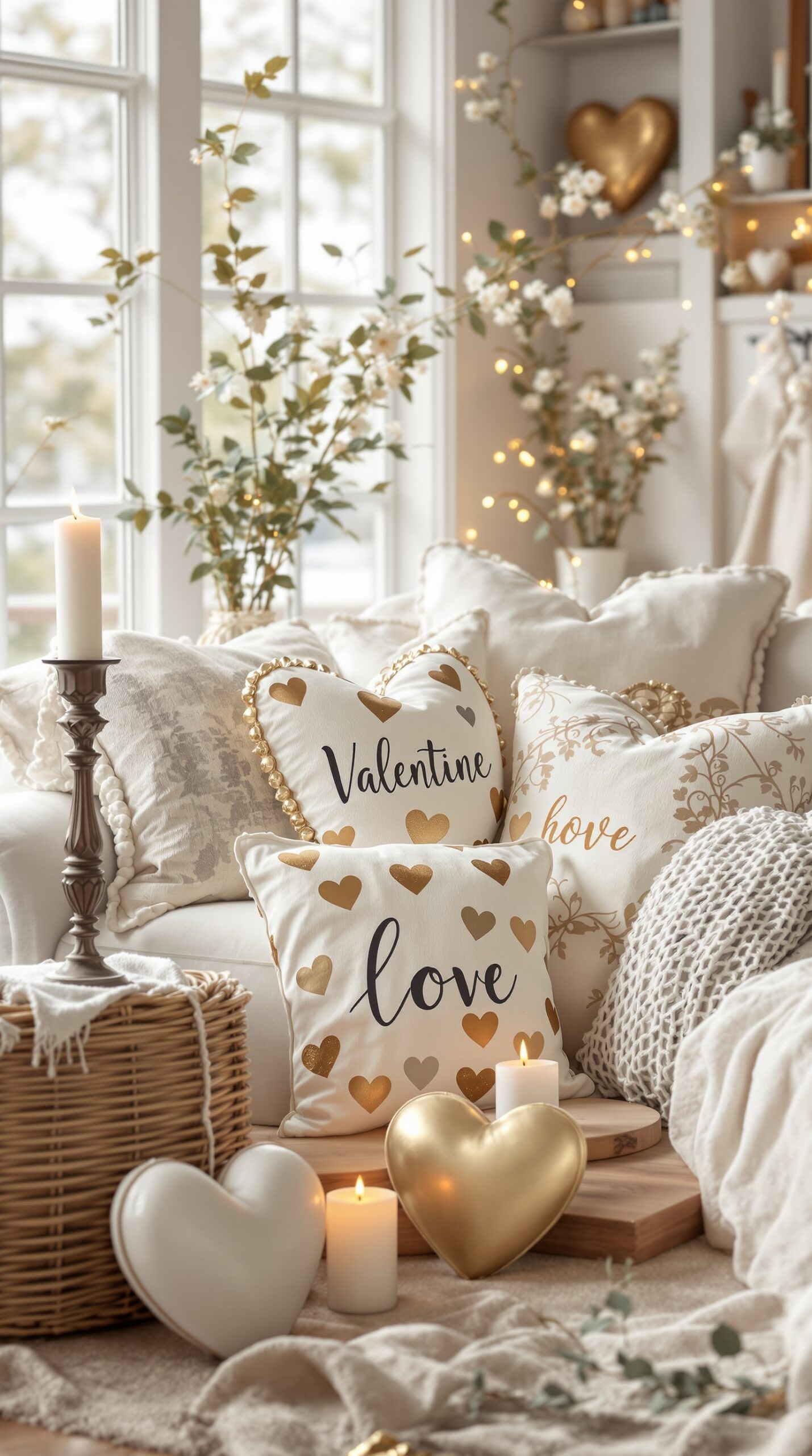Cozy white and gold Valentine decor featuring pillows, candles, and heart-shaped accents.