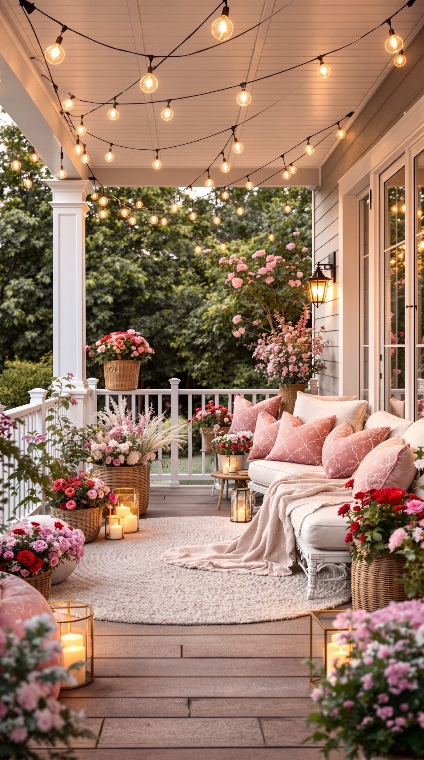 A beautifully decorated porch for Valentine's Day with pink pillows, flowers, and string lights.