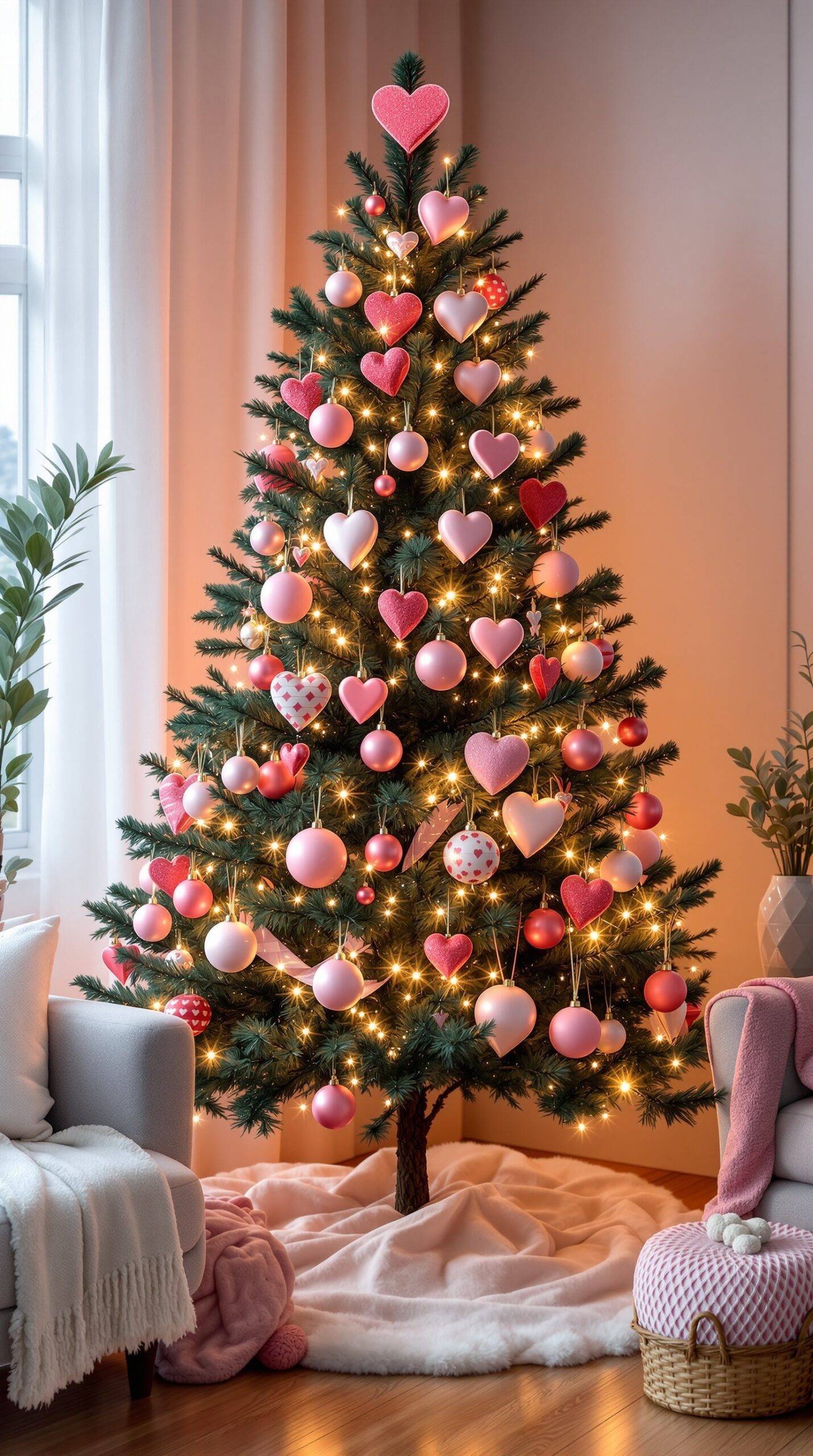 A beautifully decorated pink Valentine's Day tree with heart ornaments and soft lighting.
