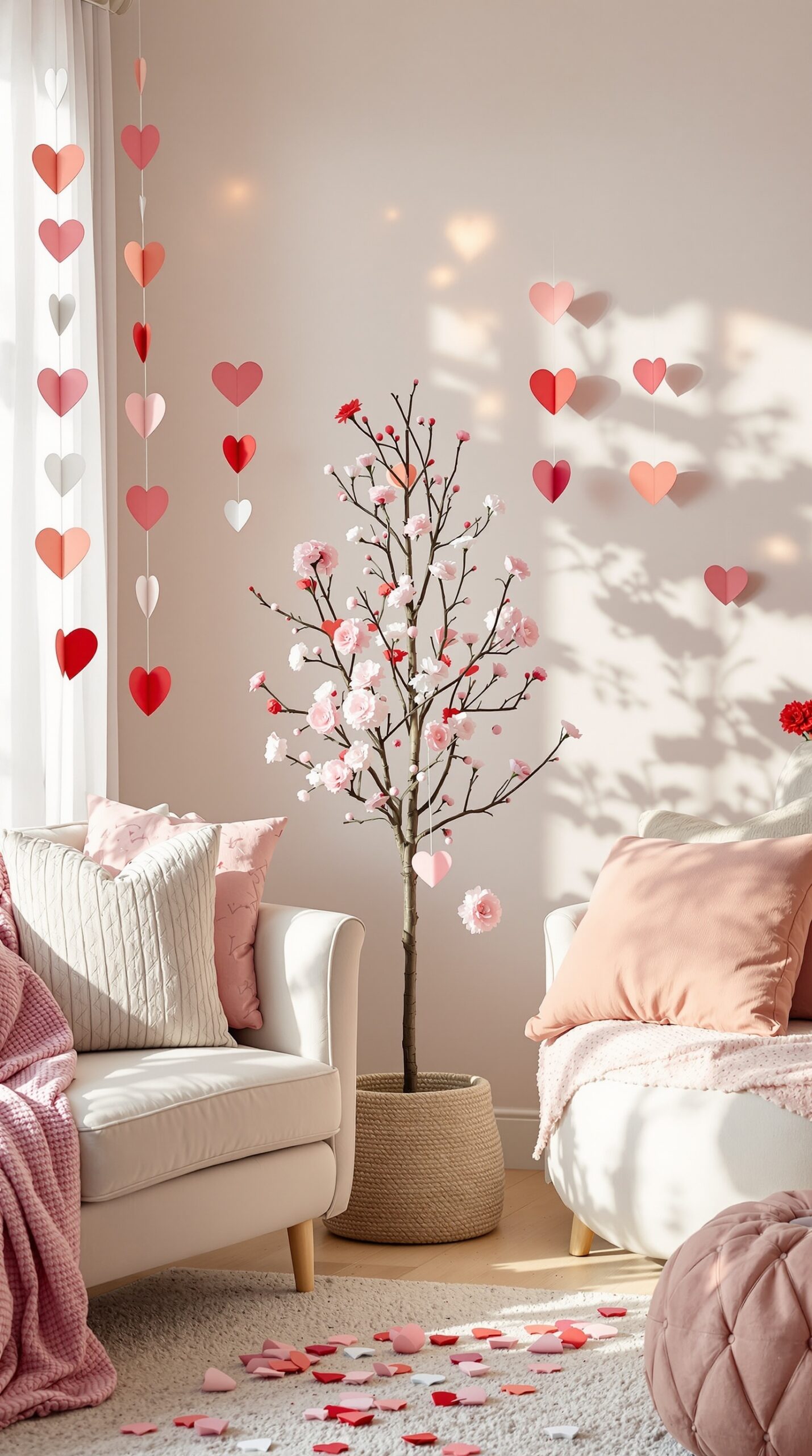 A cozy living room with a Valentine tree decorated with heart ornaments and faux flowers, surrounded by soft pillows and a blanket.