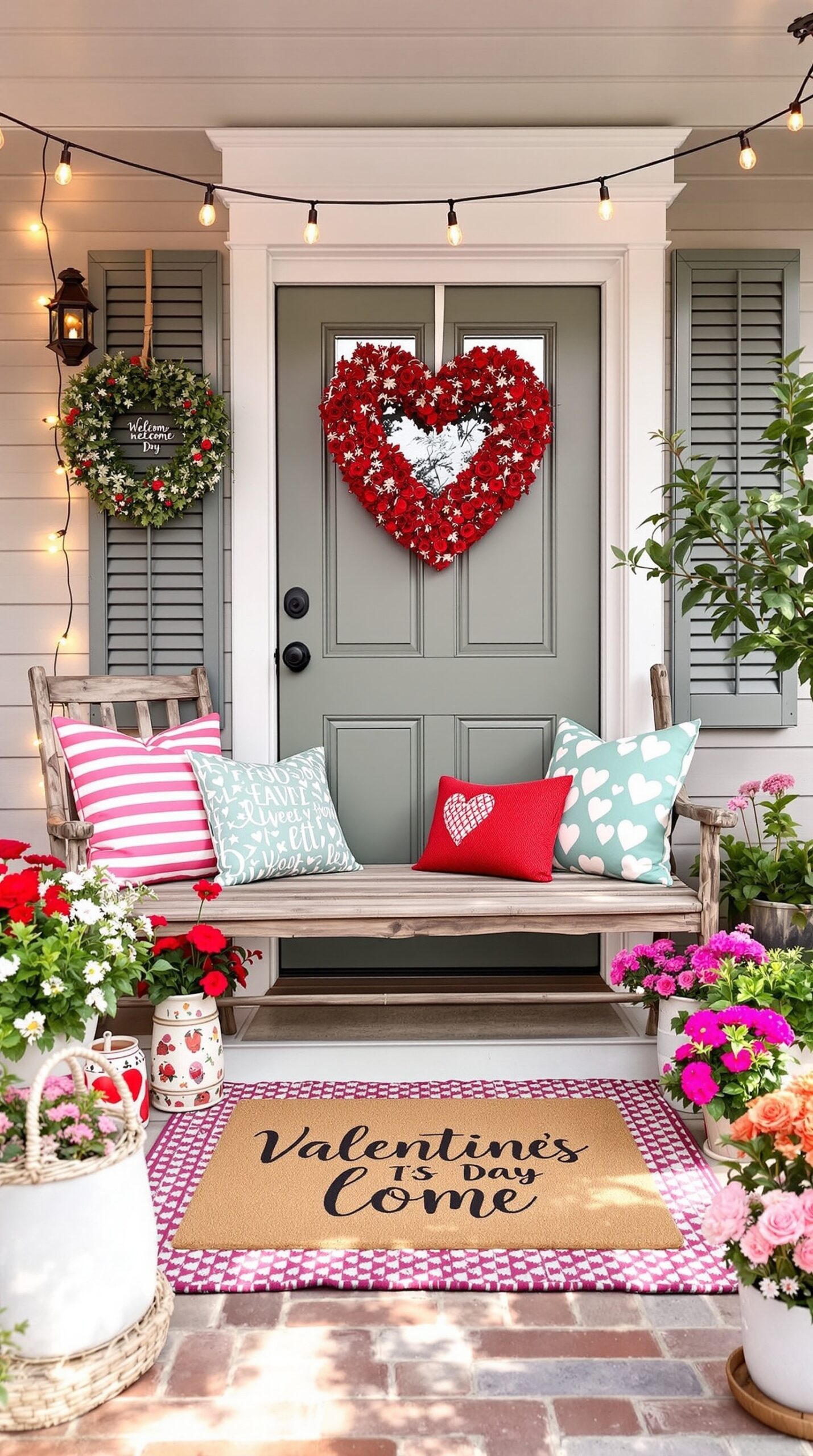 A beautifully decorated porch for Valentine's Day featuring a heart-shaped wreath, colorful pillows, and vibrant flowers.