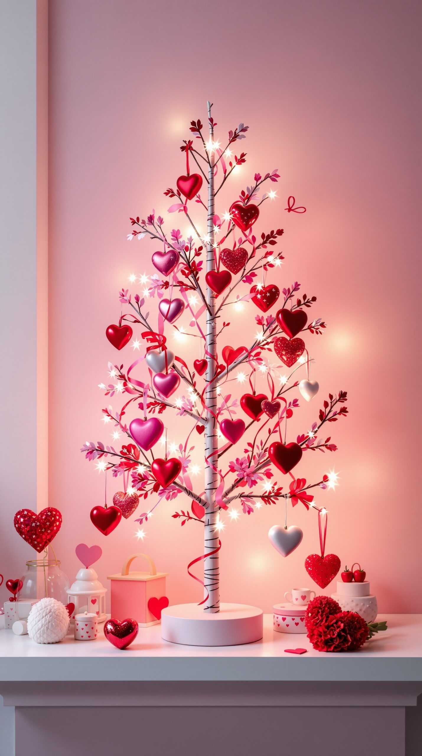 A beautifully decorated Valentine tree with heart ornaments and soft lights on a shelf.