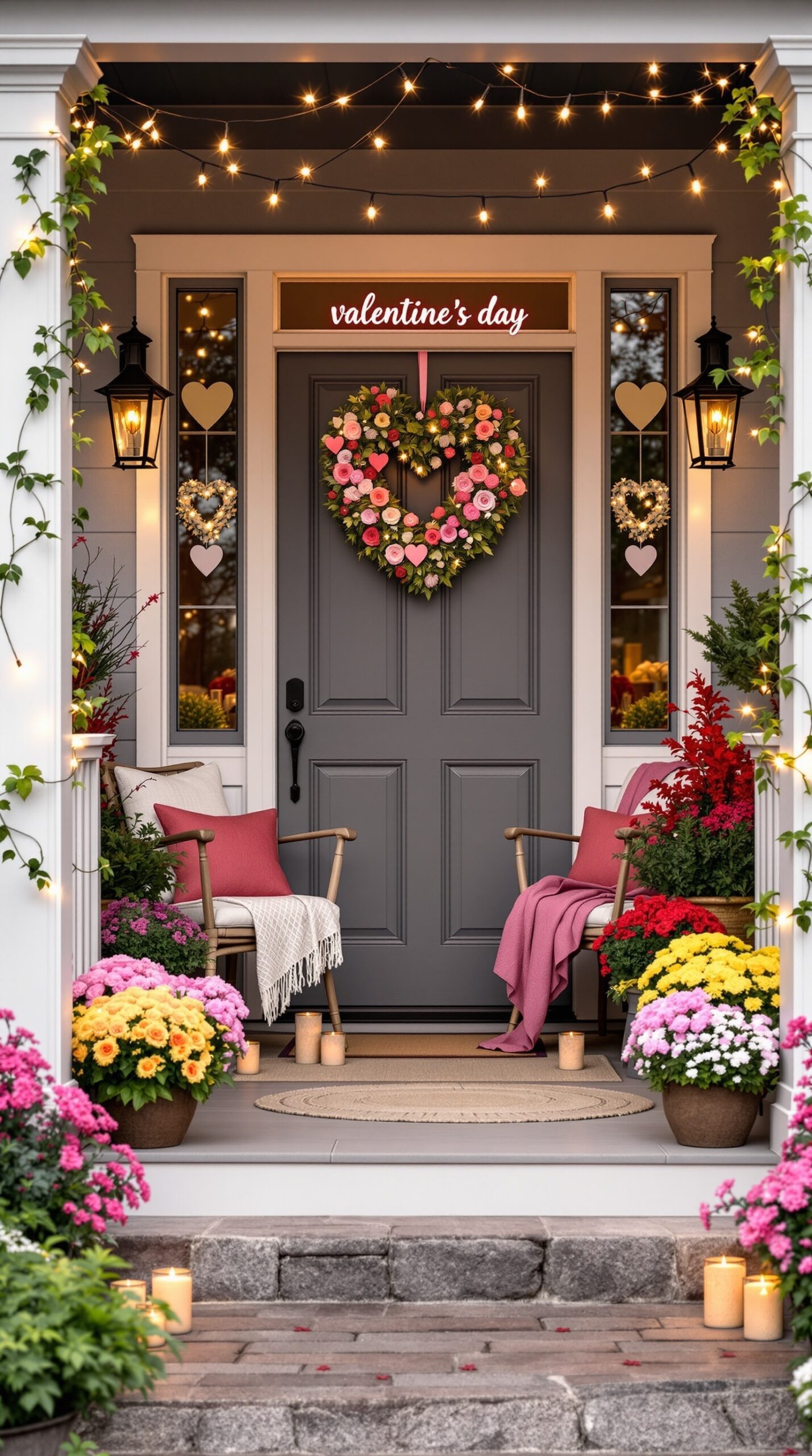 A cozy Valentine's Day porch decorated with a heart-shaped wreath, colorful flowers, and soft lighting.