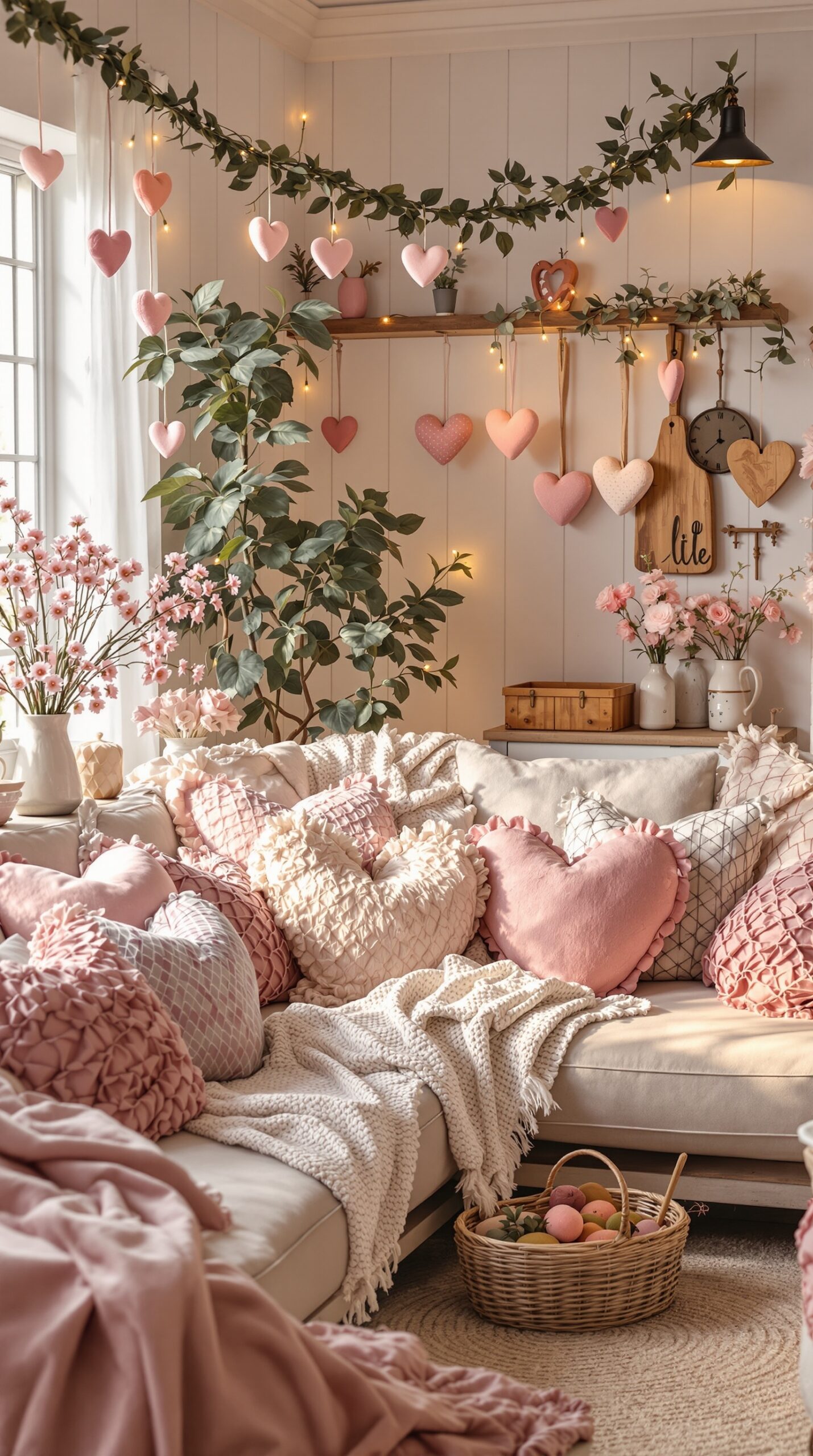 Cozy living room decorated with soft color Valentine decorations, featuring heart-shaped ornaments, plush pillows, and flowers.