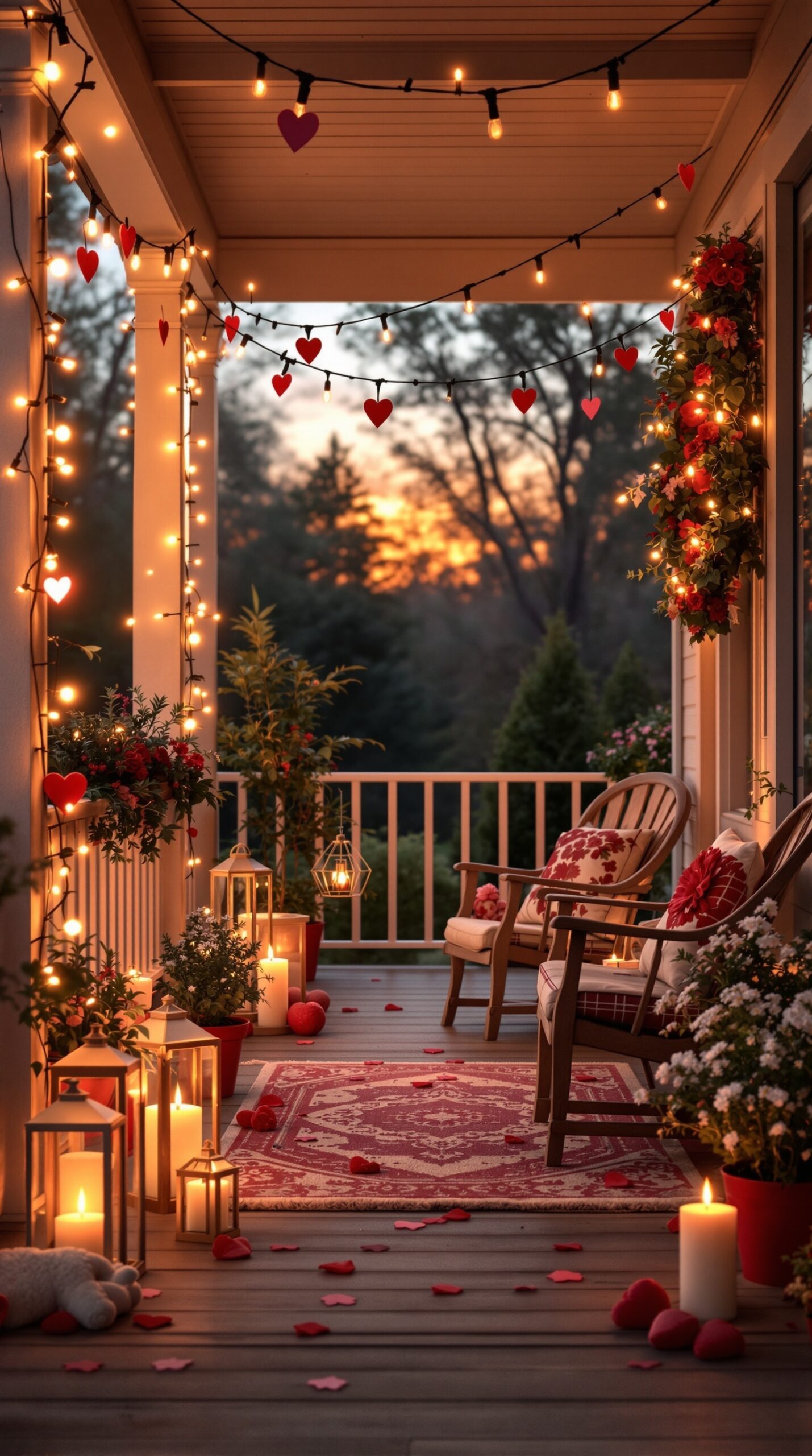A beautifully decorated porch for Valentine's Day with string lights, candles, and heart decorations.