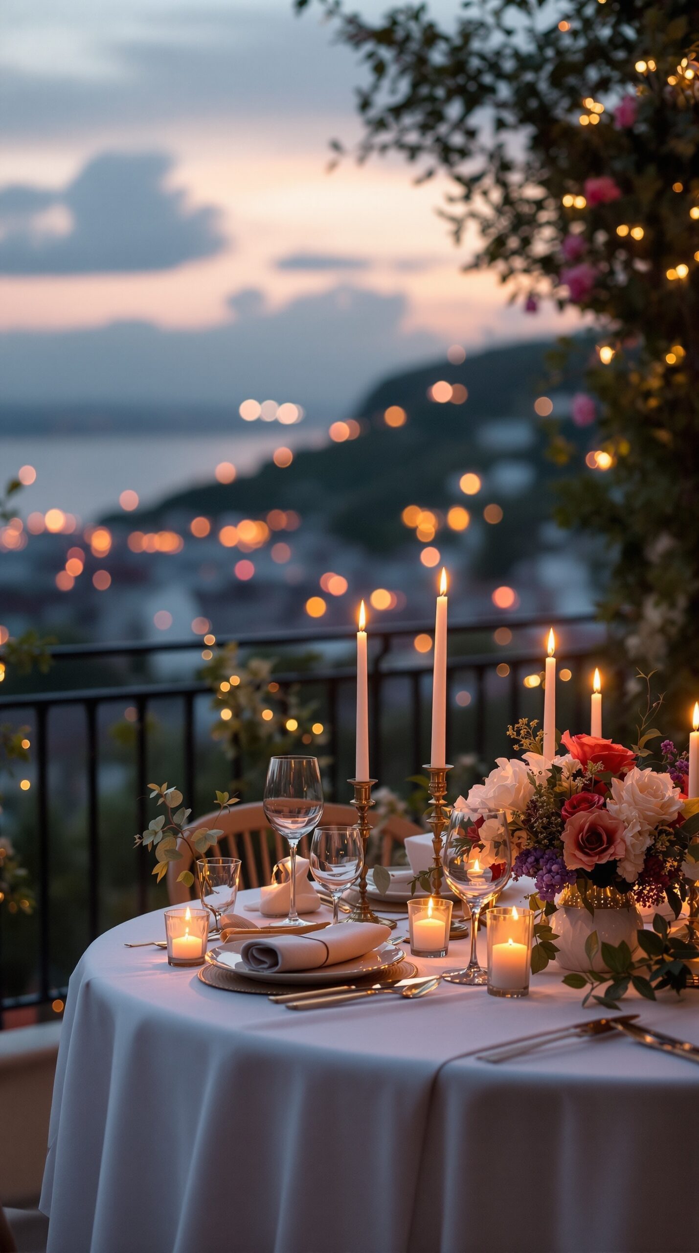 A romantic dinner setup with candles, flowers, and elegant tableware, overlooking a beautiful view.