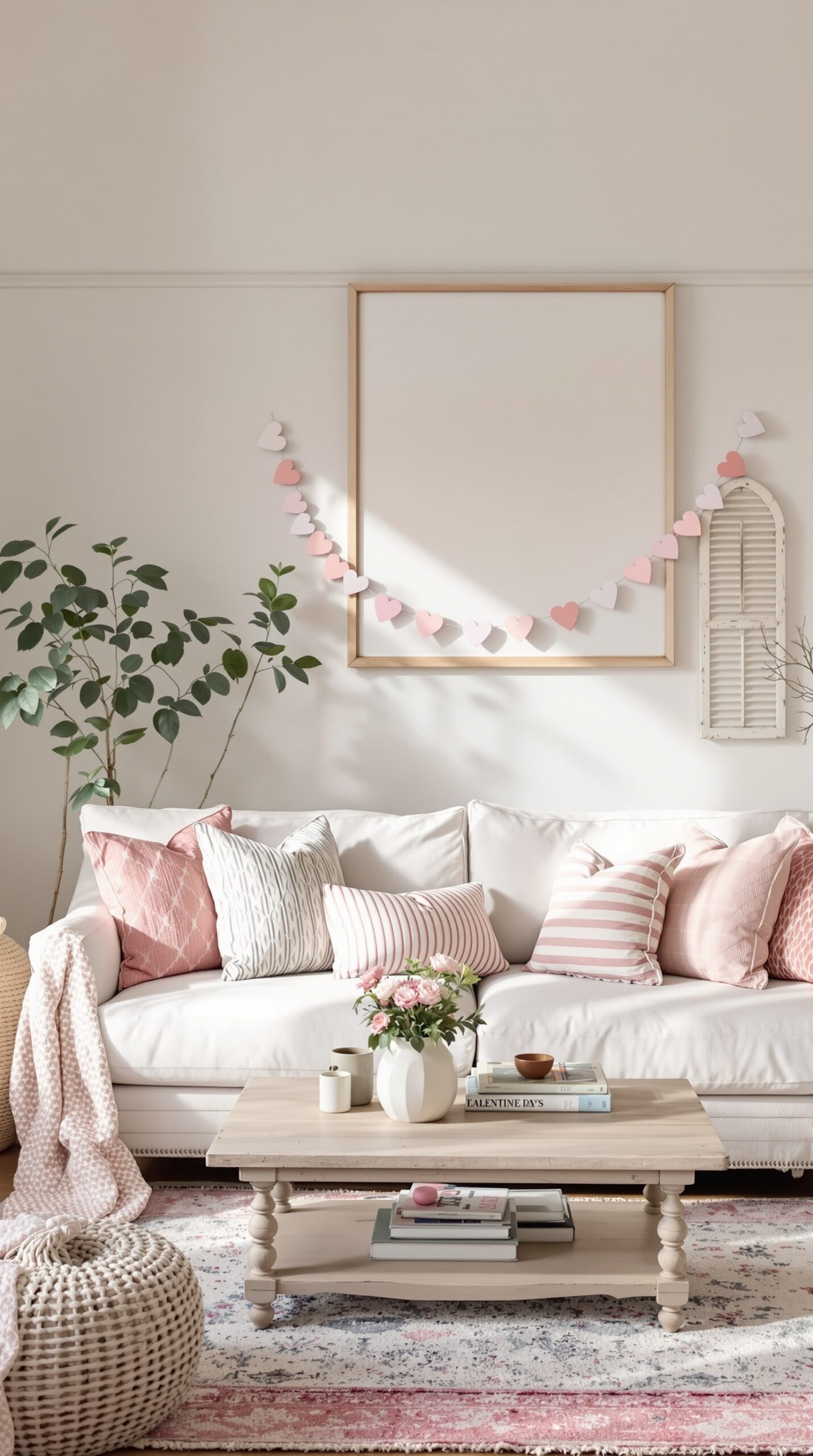 Cozy living room with pink and white Valentine's Day decorations, including a heart garland and floral centerpiece.