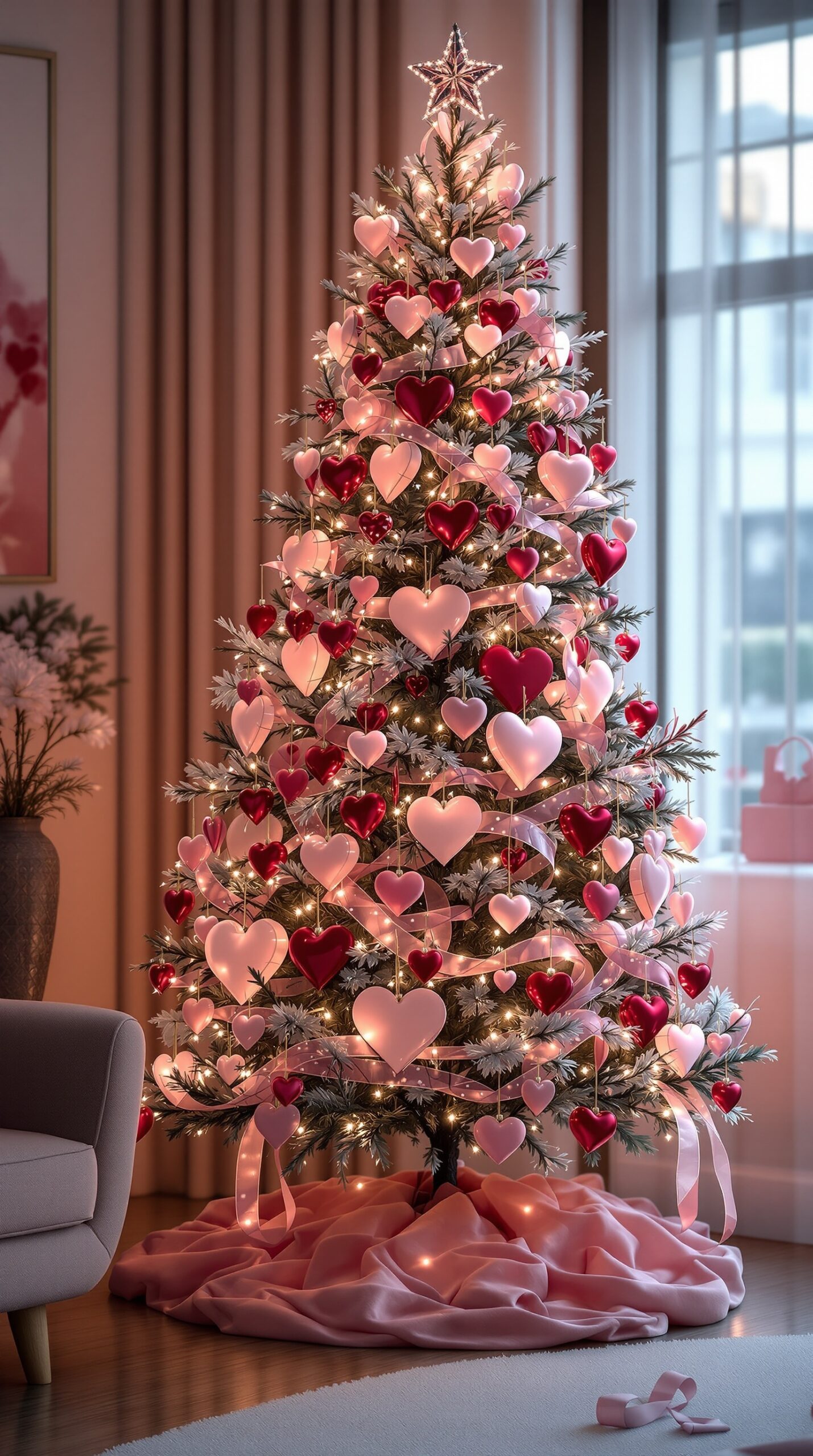 A beautifully decorated Valentine tree with heart ornaments in red and pink, adorned with lights and ribbons.